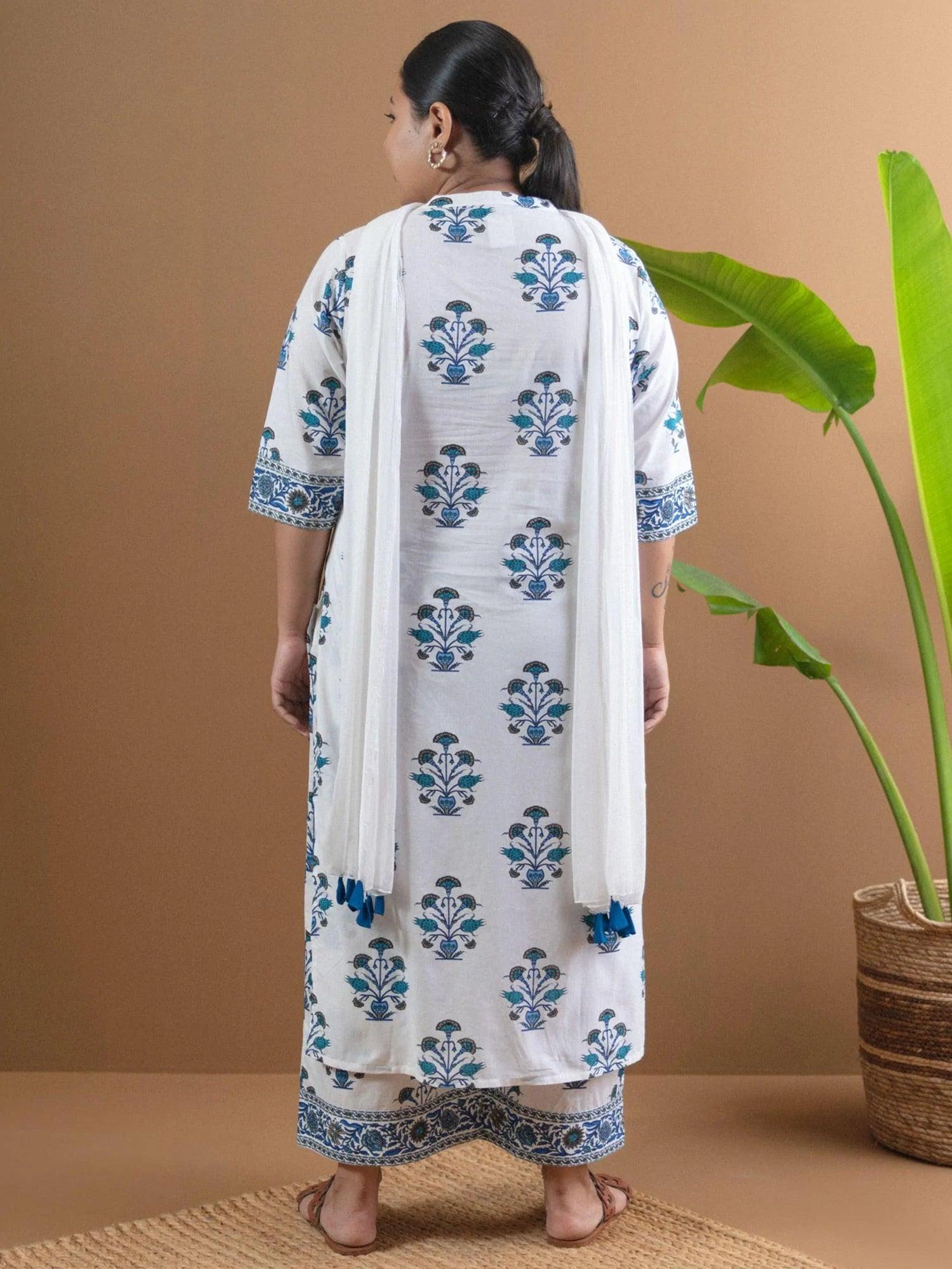 Plus Size White Printed Cotton Suit Set