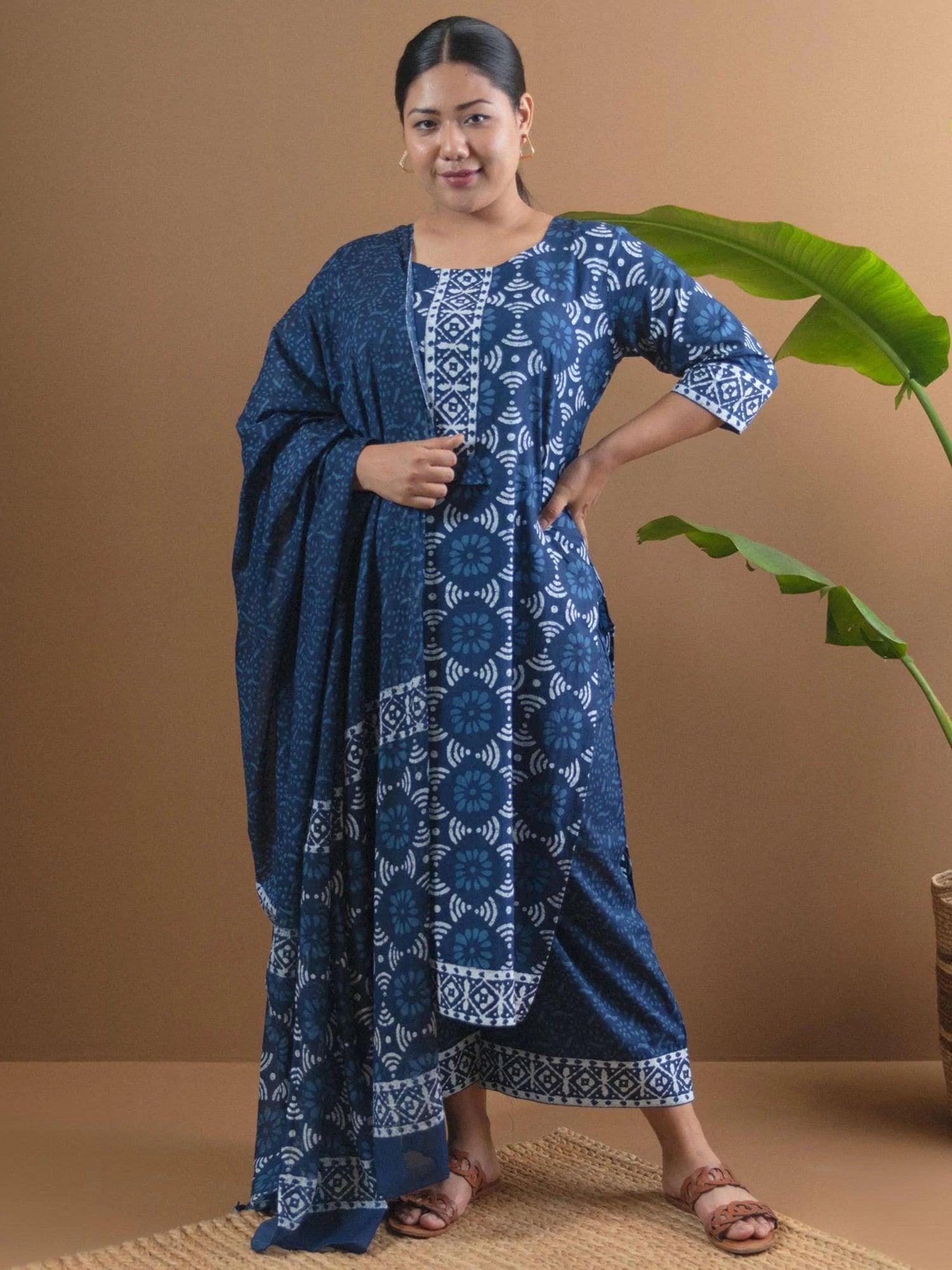 Plus Size Blue Printed Cotton Suit Set