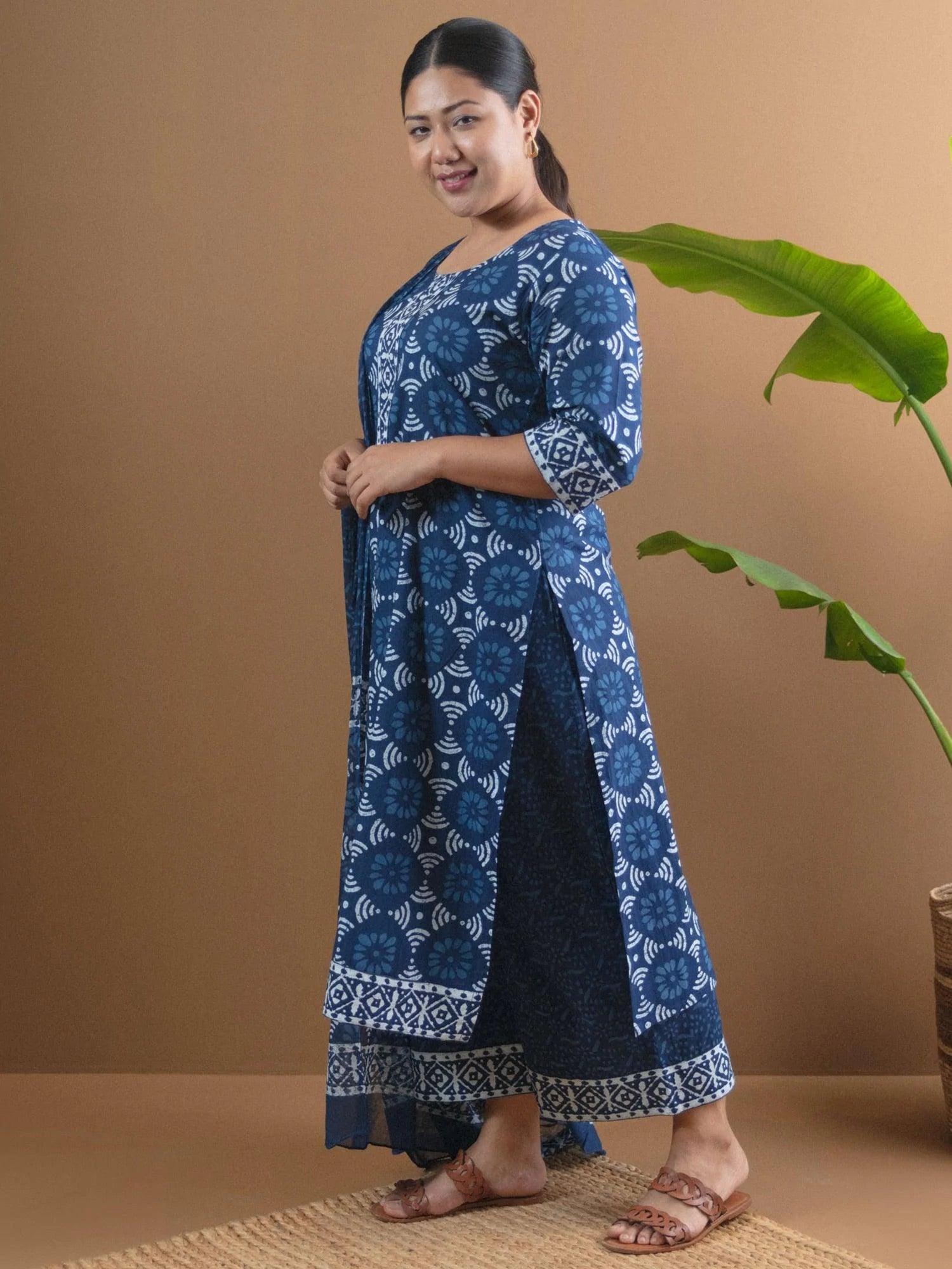 Plus Size Blue Printed Cotton Suit Set