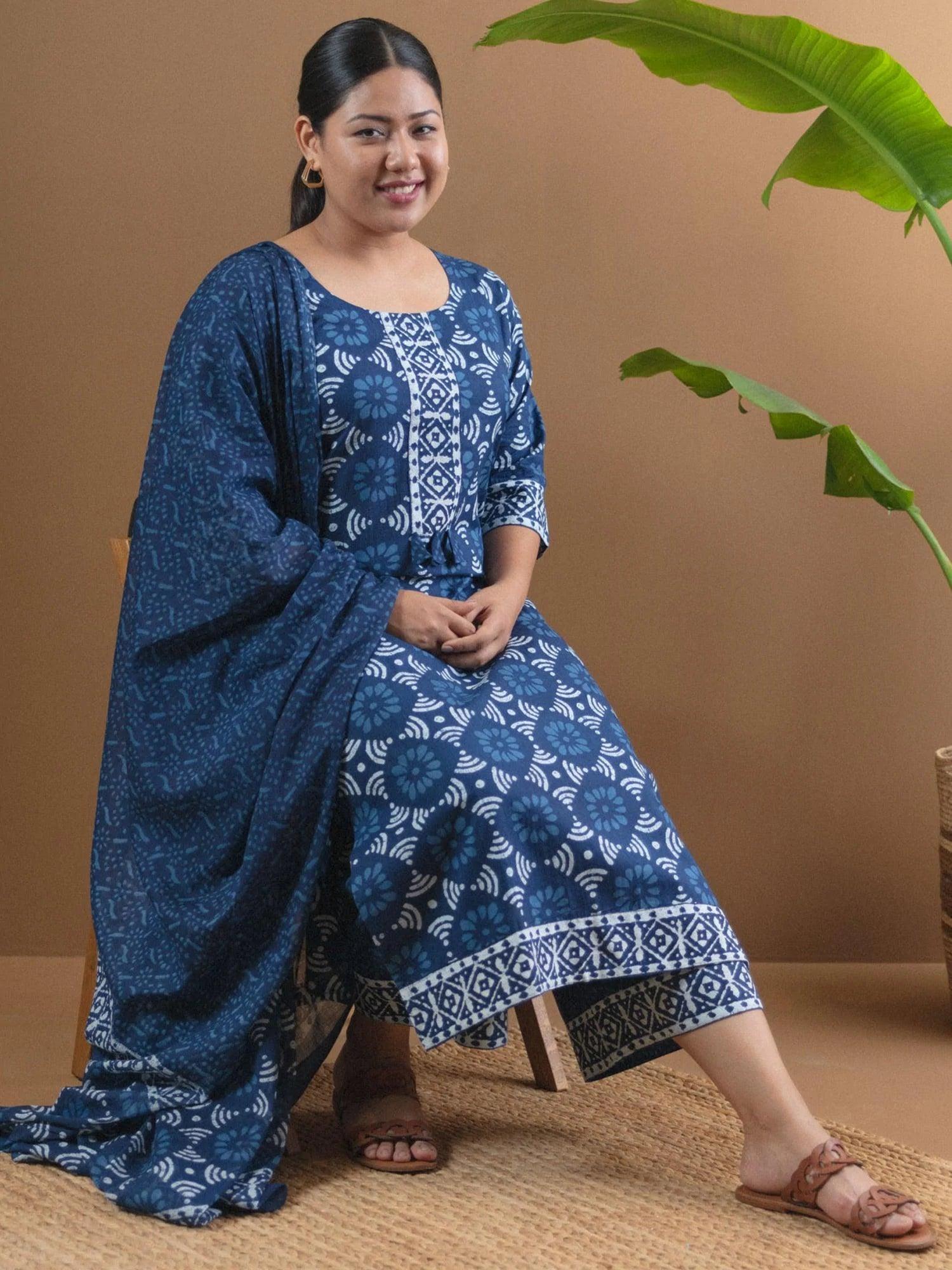 Plus Size Blue Printed Cotton Suit Set