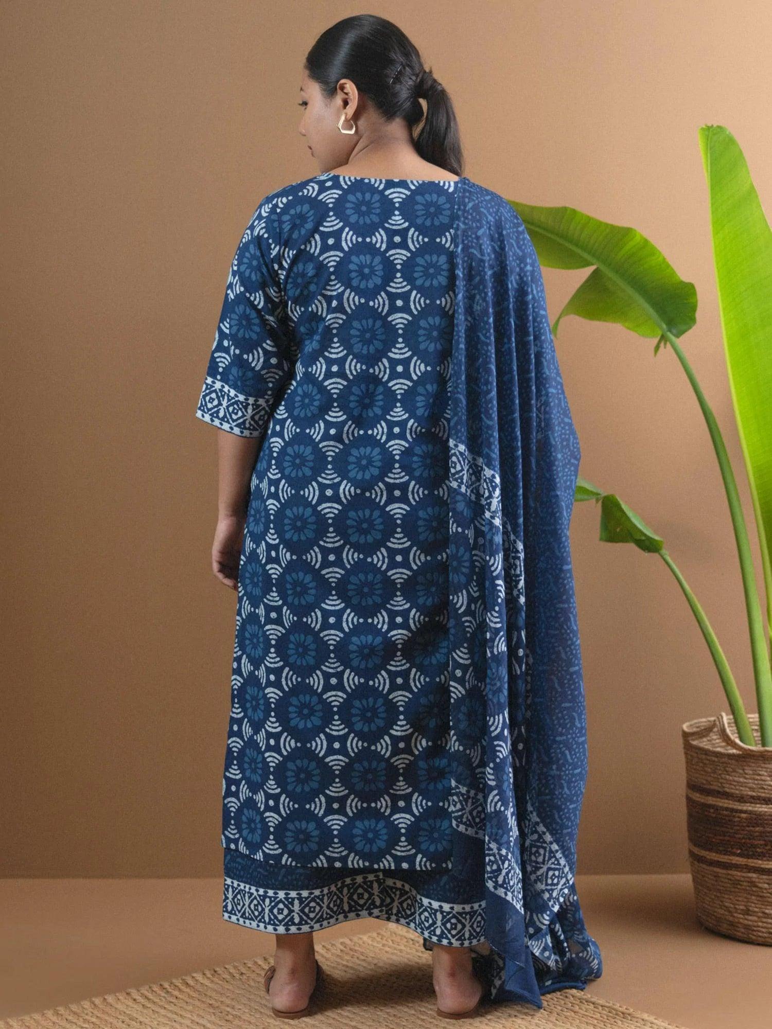 Plus Size Blue Printed Cotton Suit Set