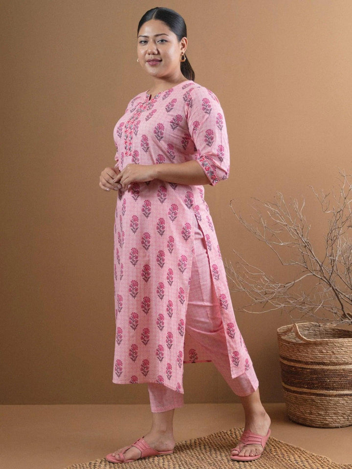 Plus Size Pink Printed Cotton Kurta Set - ShopLibas