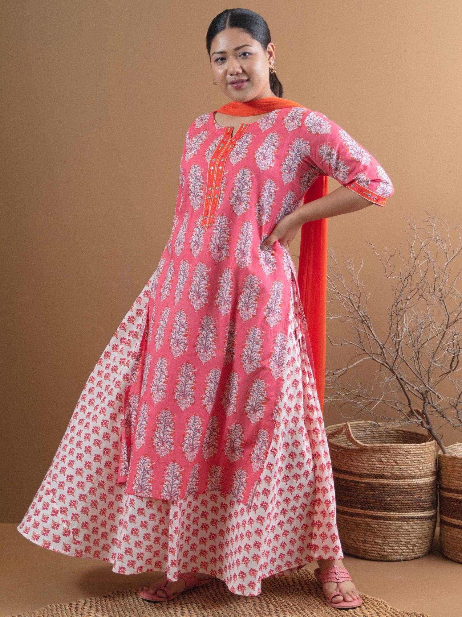 Plus Size Pink Printed Cotton Suit Set