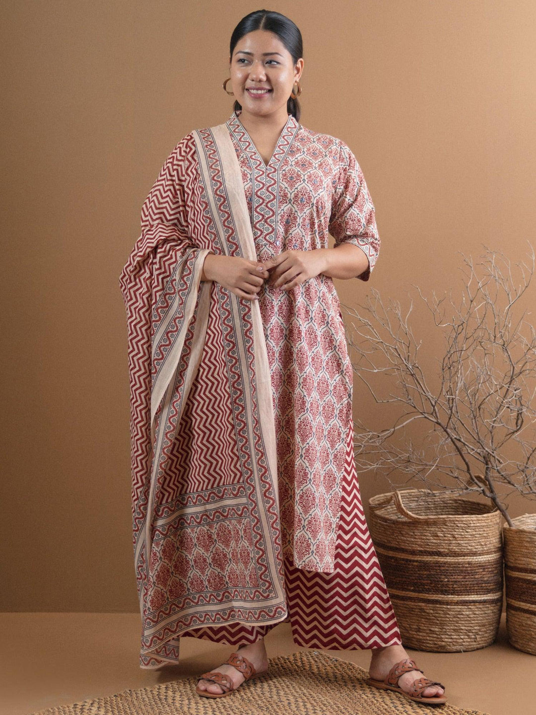 Plus Size Beige Printed Cotton Suit Set - ShopLibas