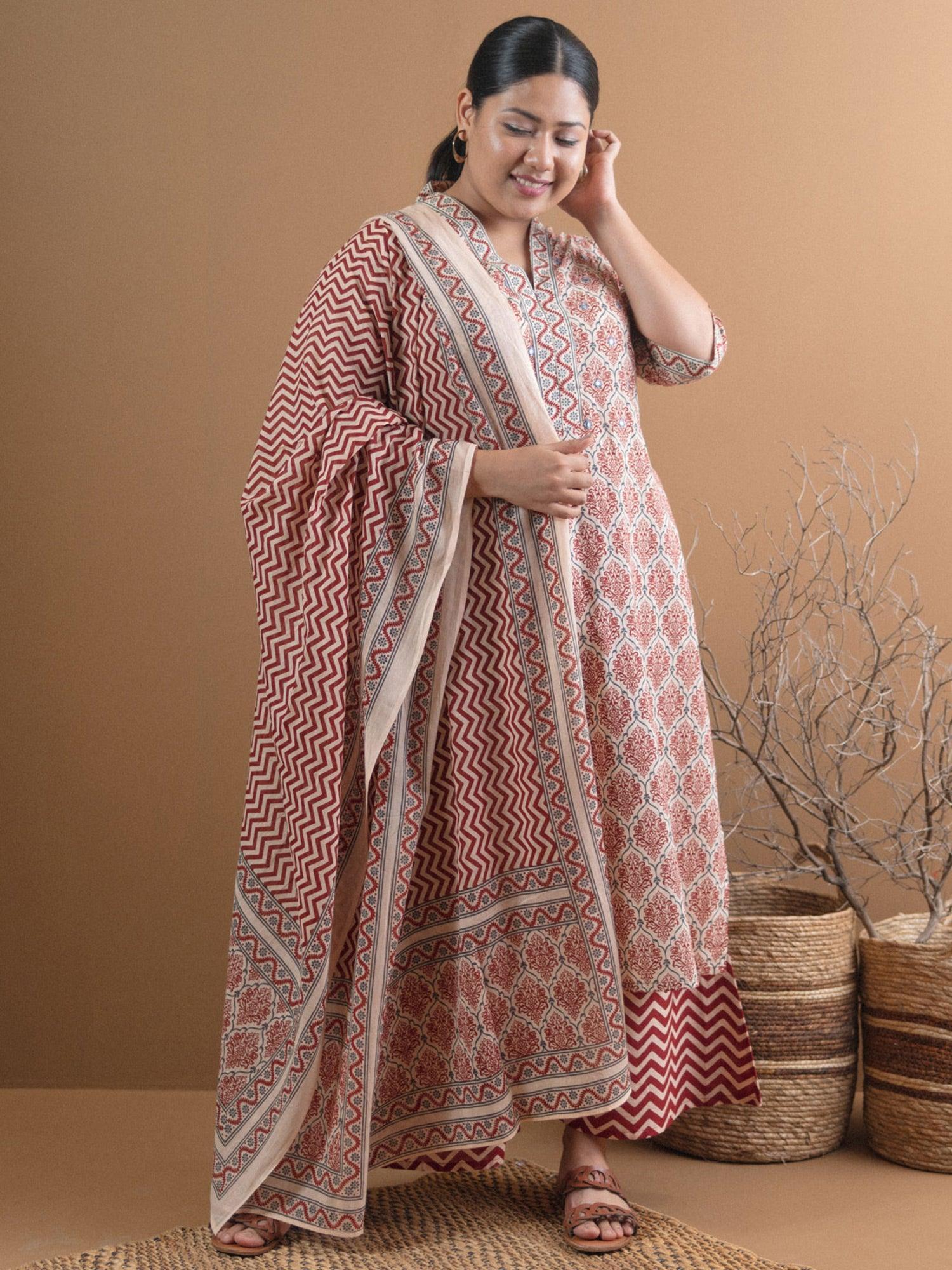 Plus Size Beige Printed Cotton Suit Set