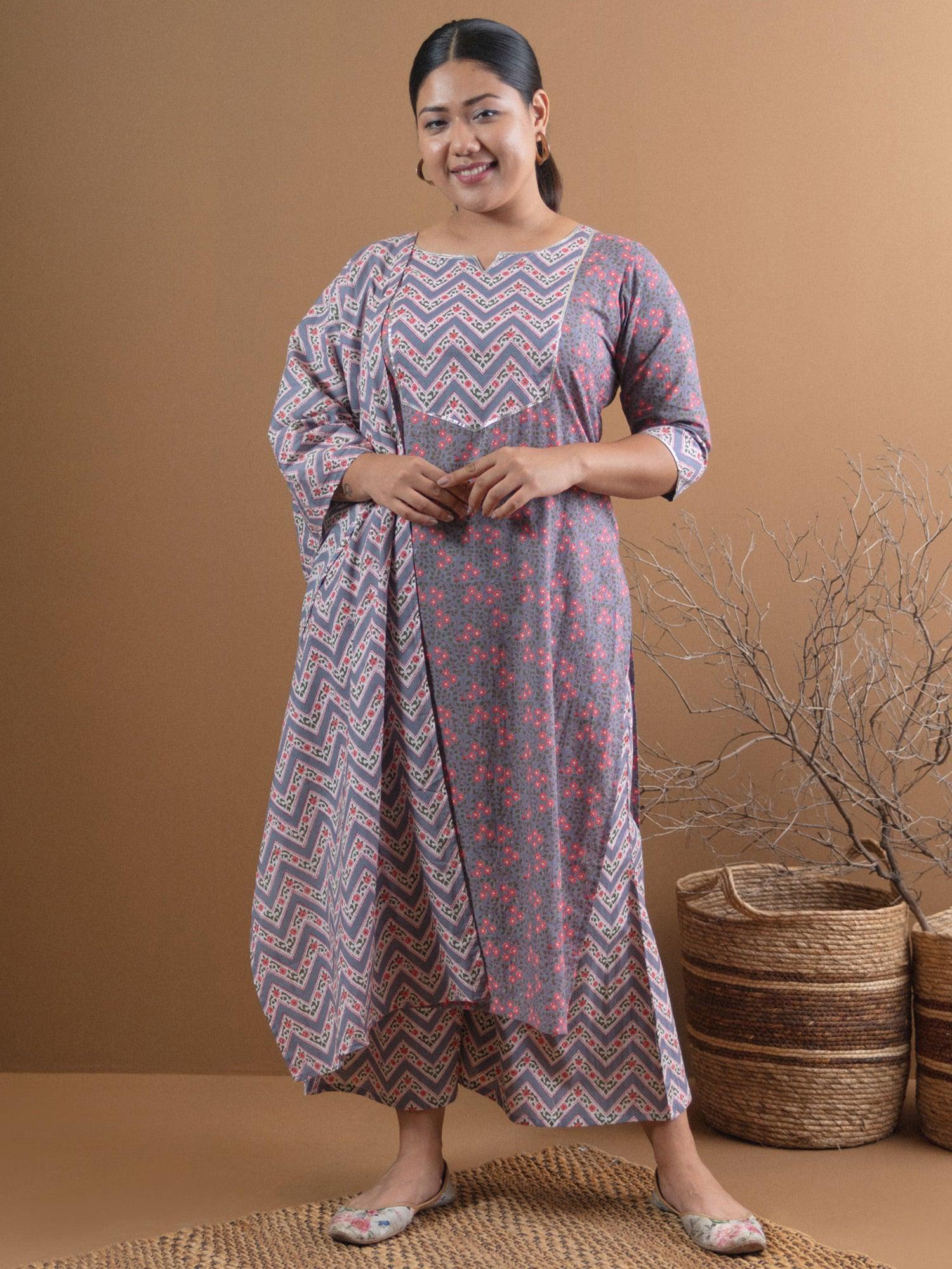 Plus Size Grey Printed Cotton Suit Set