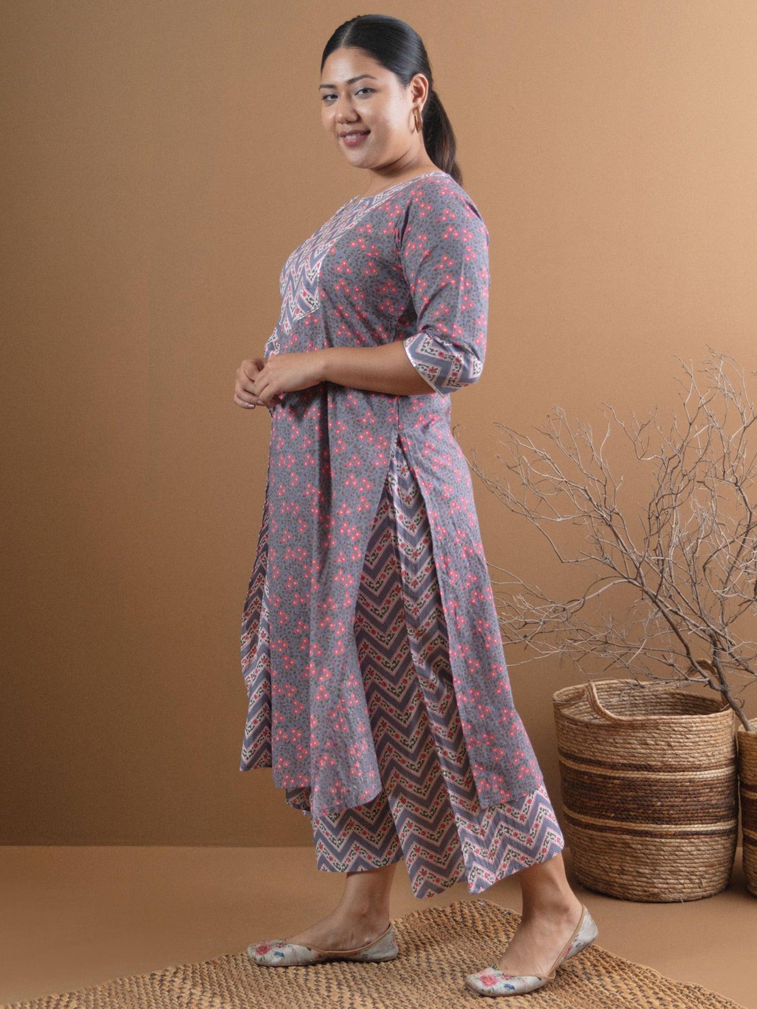 Plus Size Grey Printed Cotton Suit Set