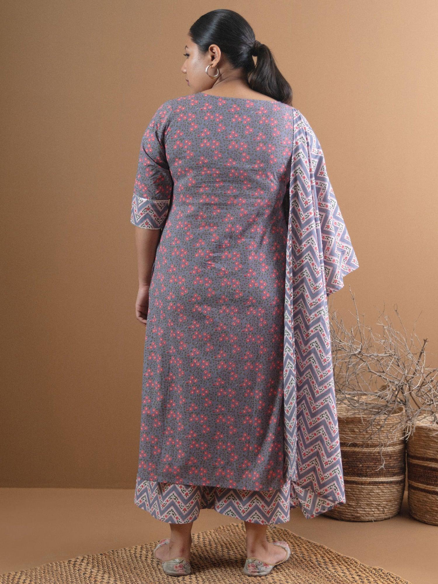 Plus Size Grey Printed Cotton Suit Set