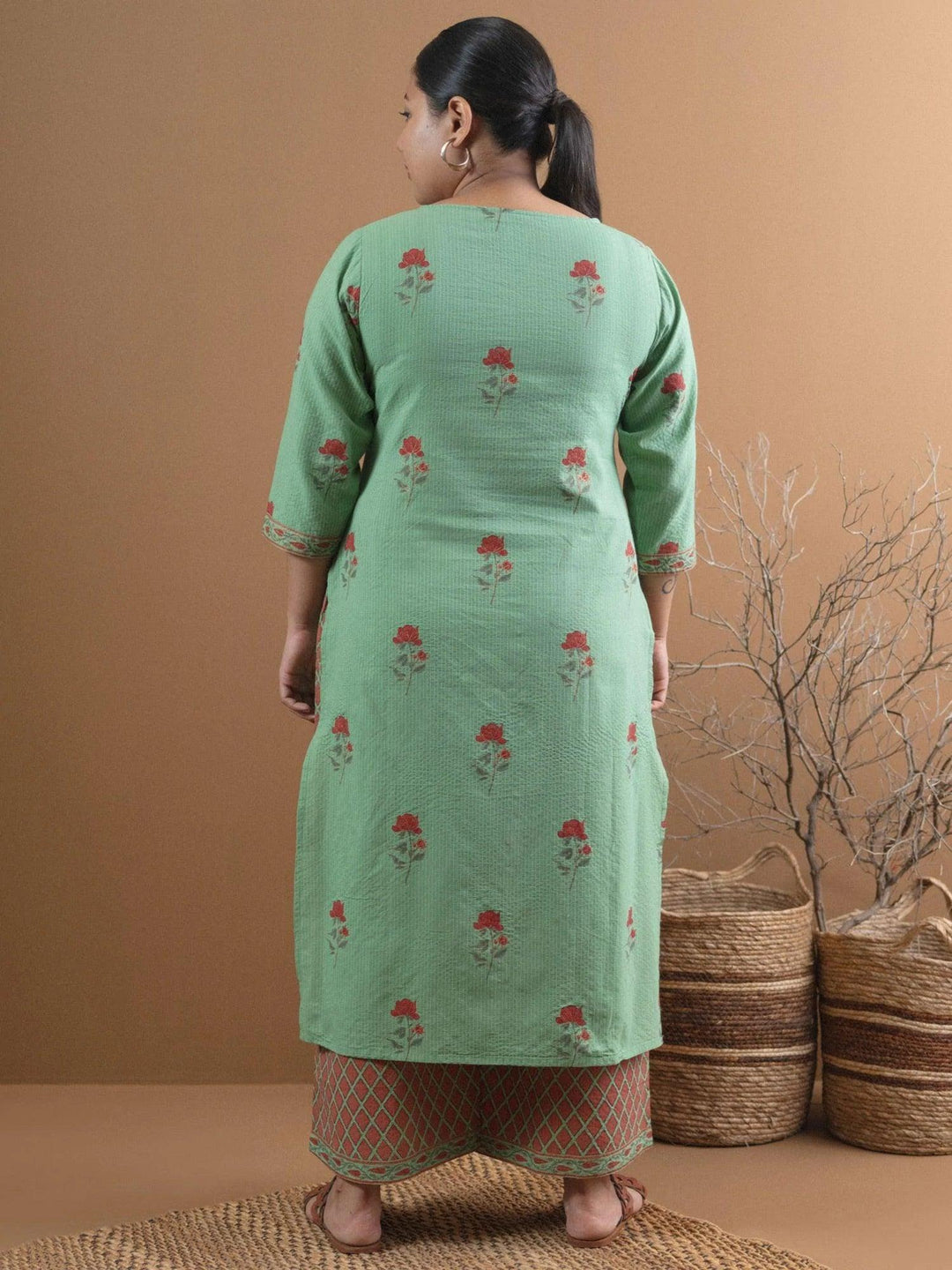 Plus Size Green Printed Cotton Kurta Set - ShopLibas