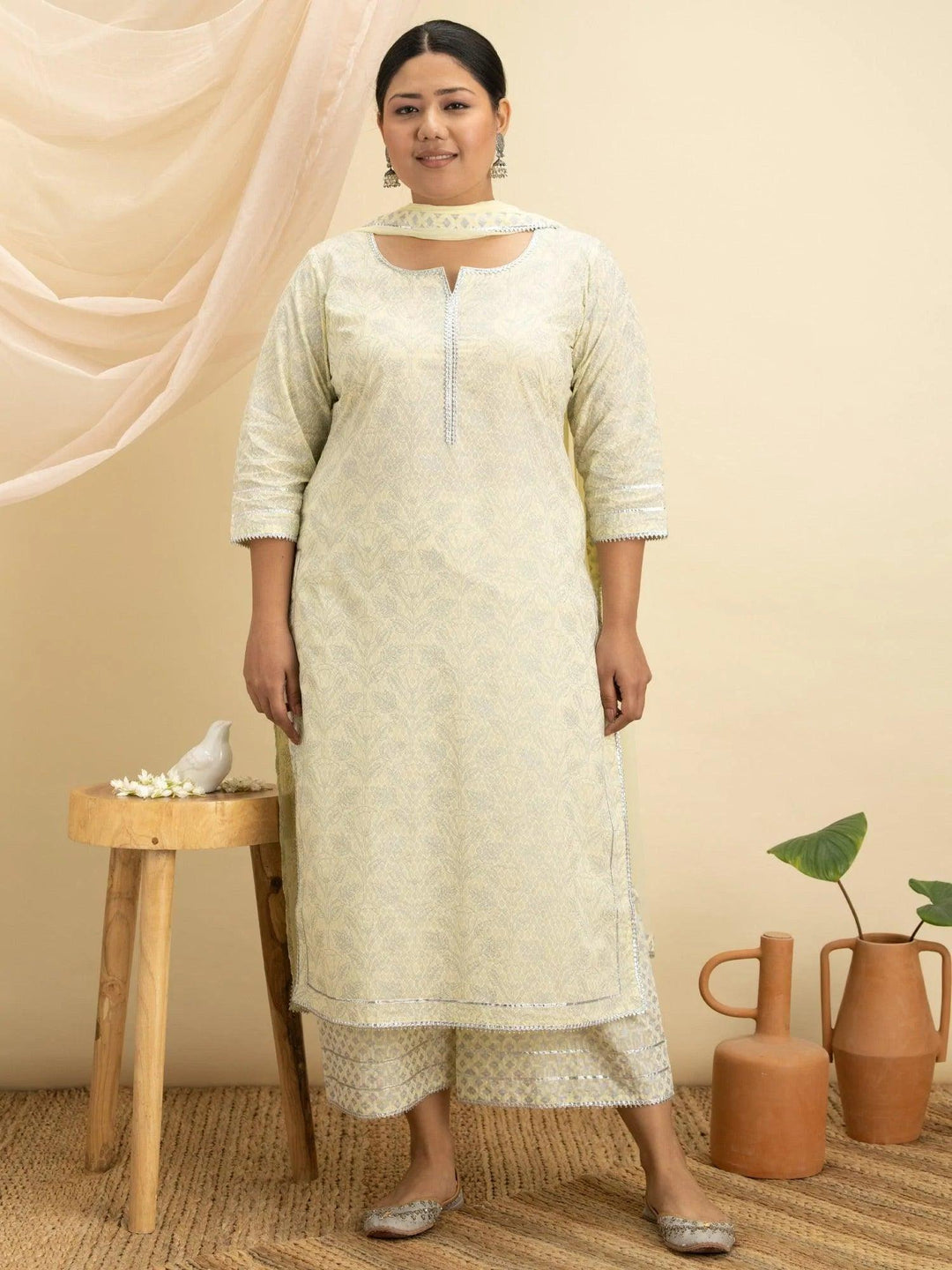 Plus Size Yellow Printed Cotton Suit Set - ShopLibas