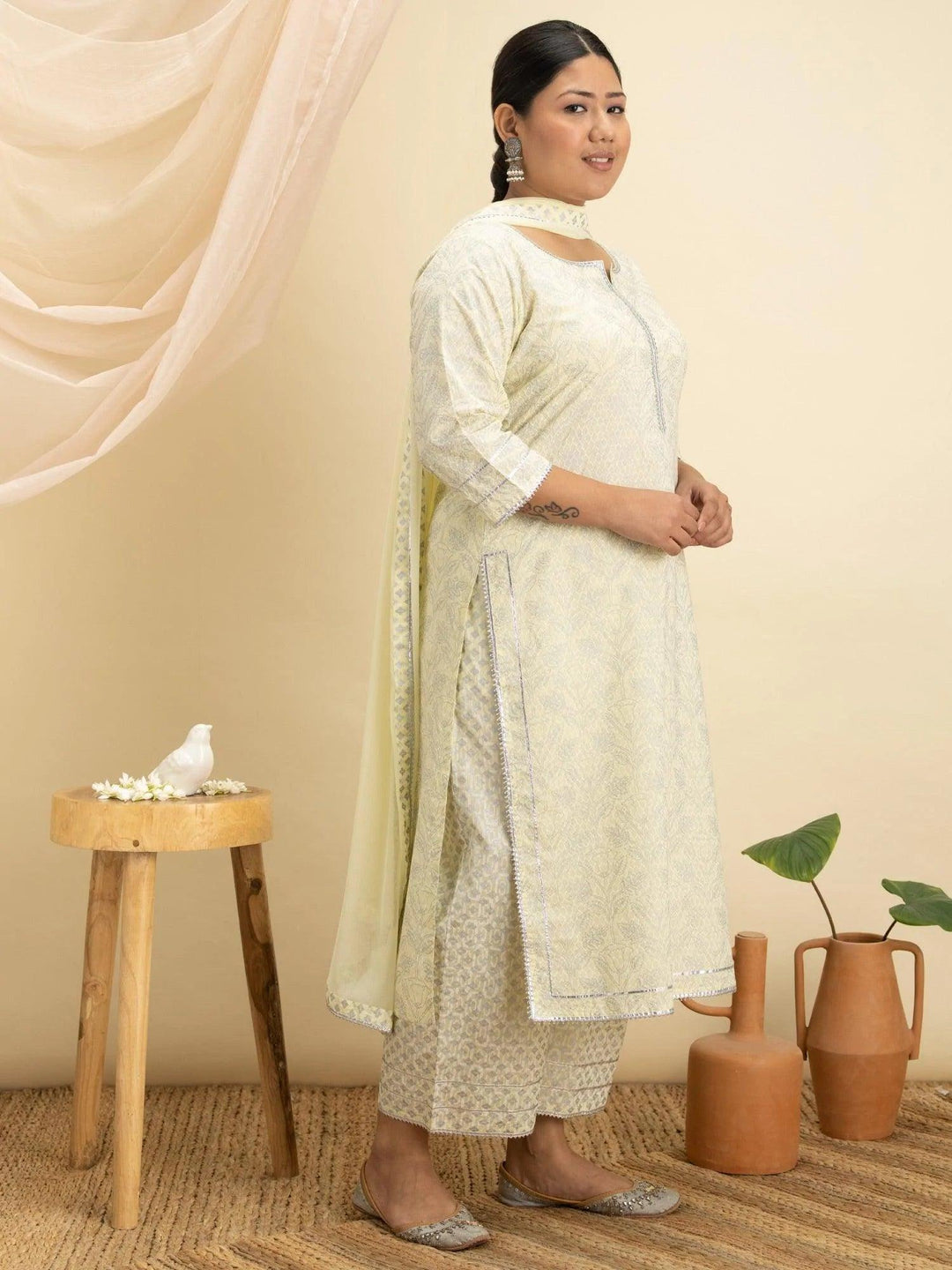 Plus Size Yellow Printed Cotton Suit Set - ShopLibas