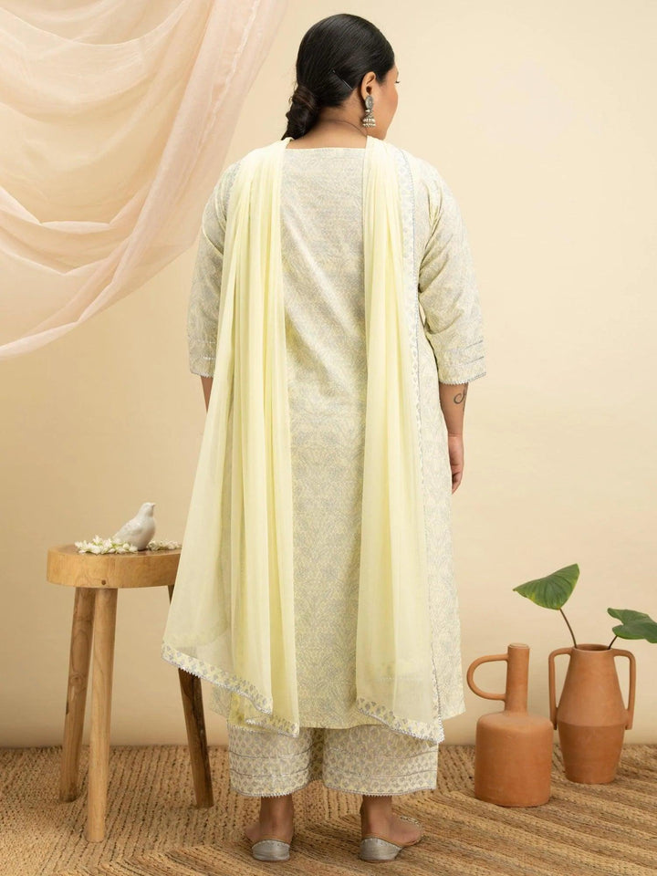 Plus Size Yellow Printed Cotton Suit Set - ShopLibas