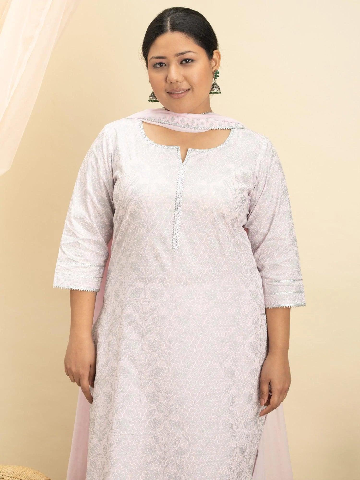 Plus Size Pink Printed Cotton Suit Set