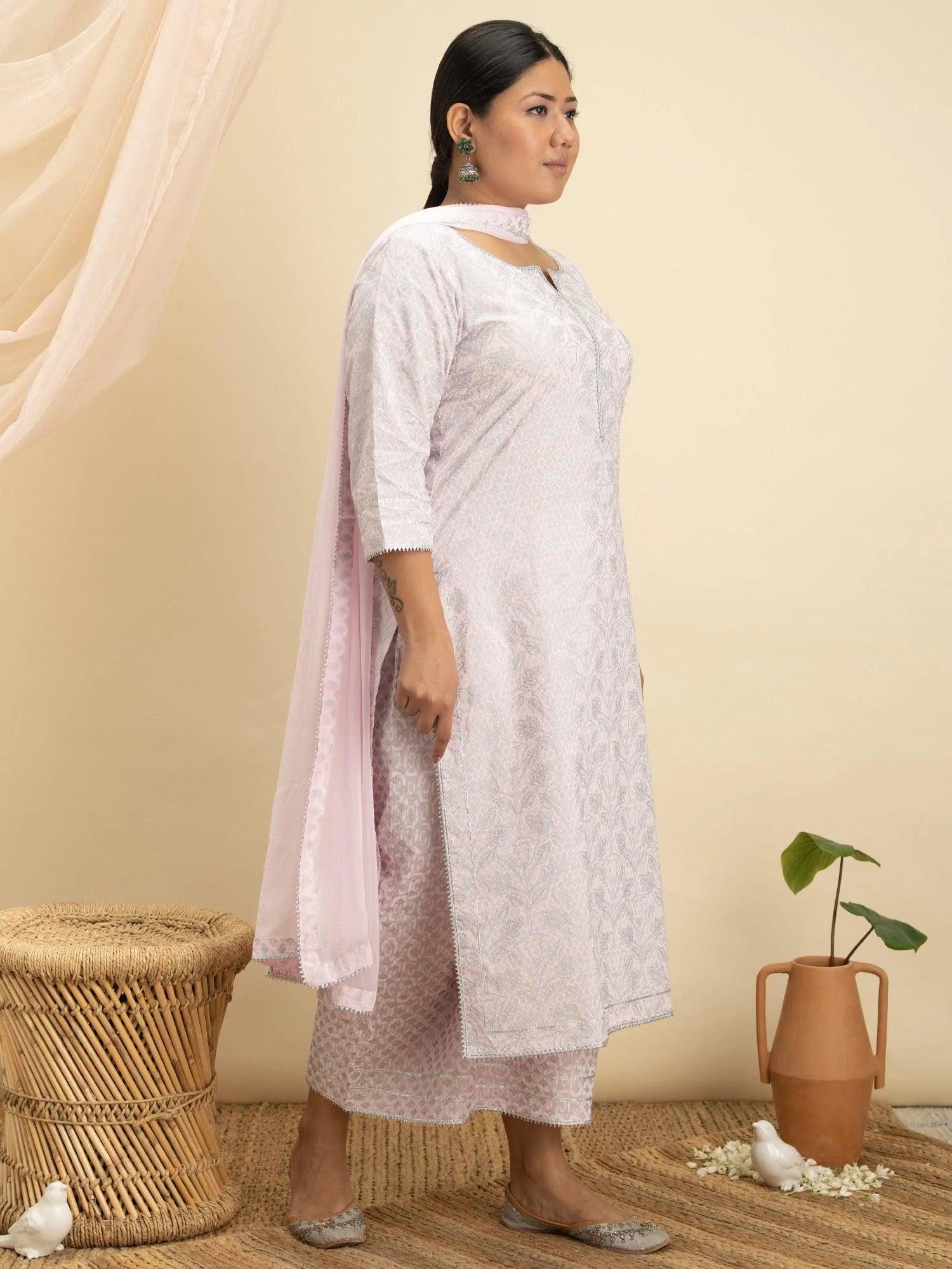 Plus Size Pink Printed Cotton Suit Set