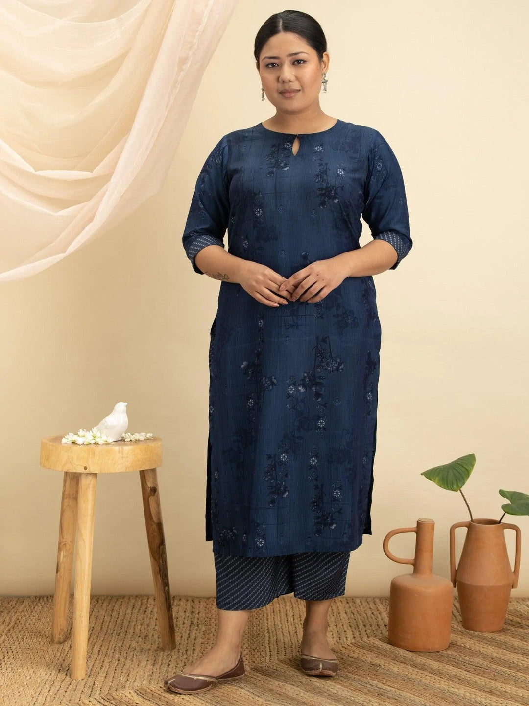 Plus Size Blue Printed Rayon Kurta Set - ShopLibas