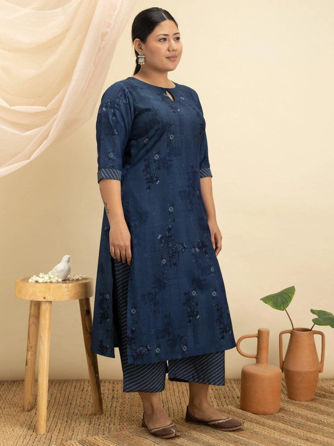 Plus Size Blue Printed Rayon Kurta Set - ShopLibas