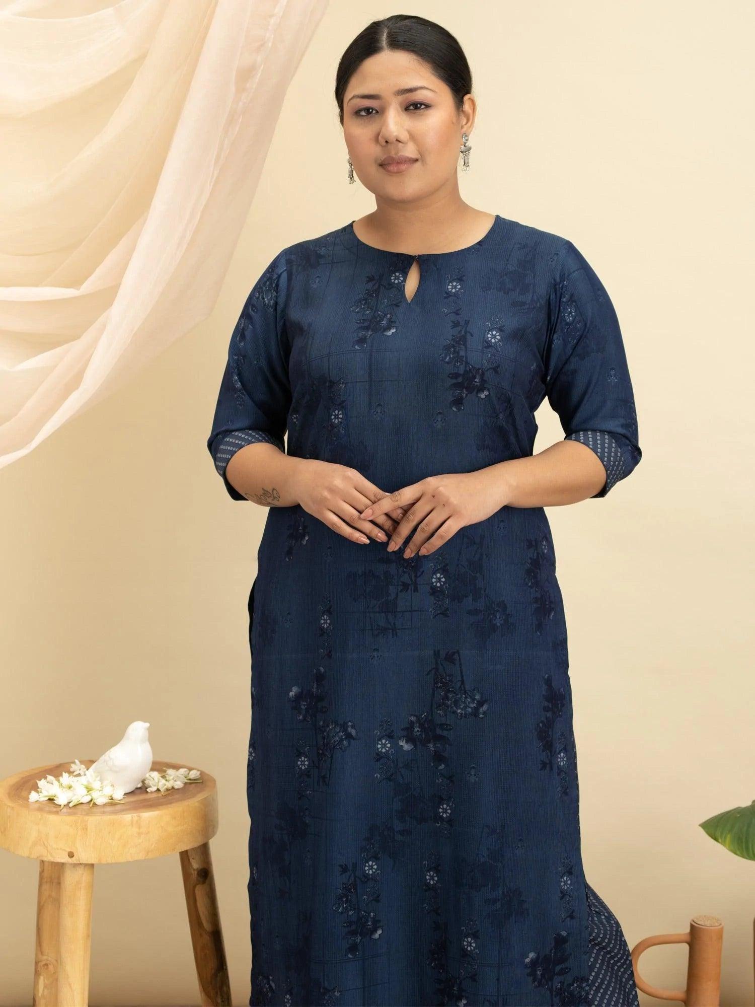 Plus Size Blue Printed Rayon Kurta Set