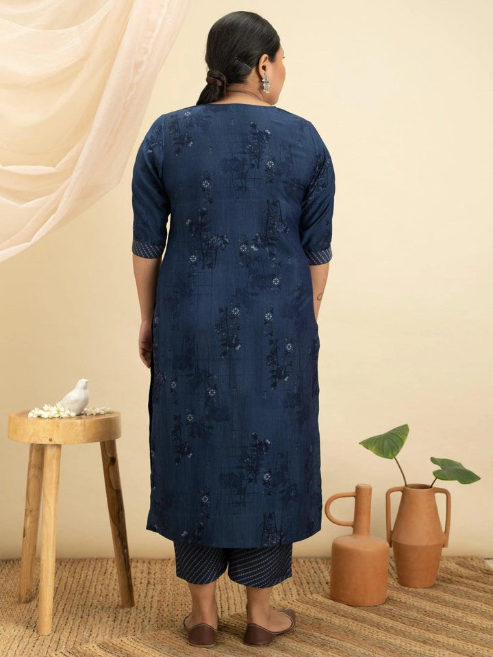 Plus Size Blue Printed Rayon Kurta Set - ShopLibas