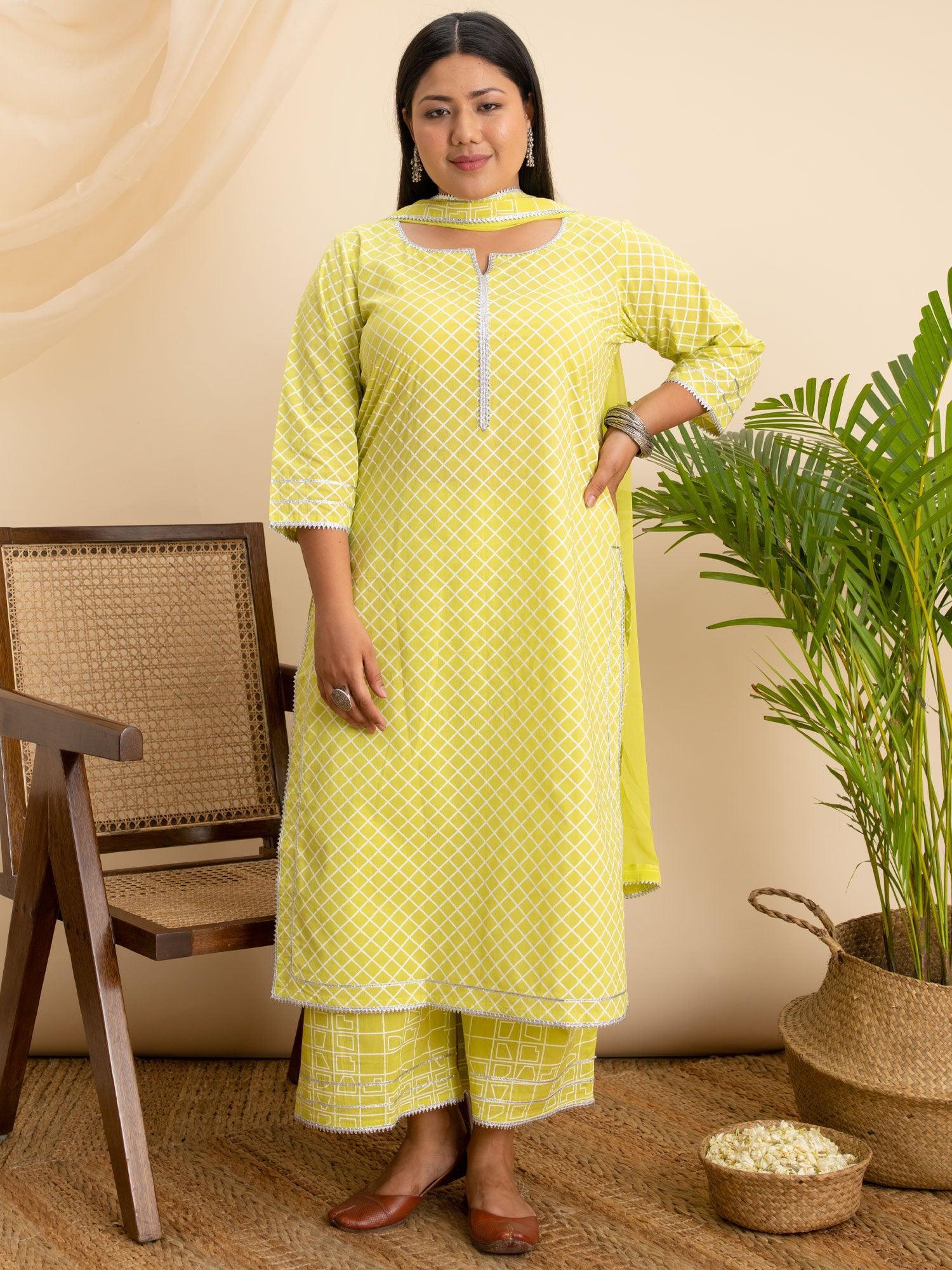 Plus Size Green Printed Cotton Suit Set