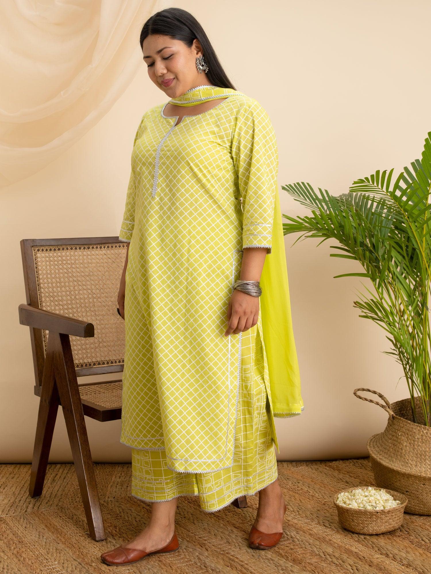 Plus Size Green Printed Cotton Suit Set