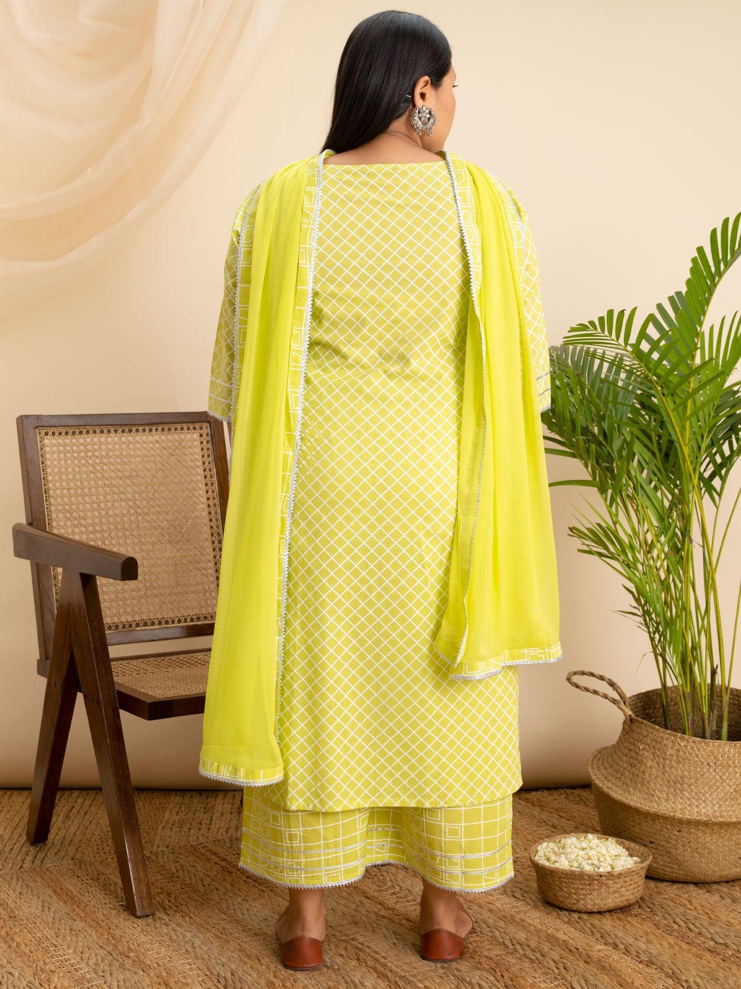 Plus Size Green Printed Cotton Suit Set