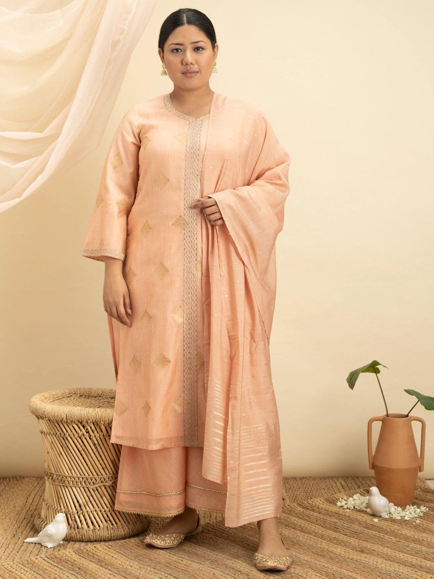 Plus Size Peach Self Design Silk Suit Set