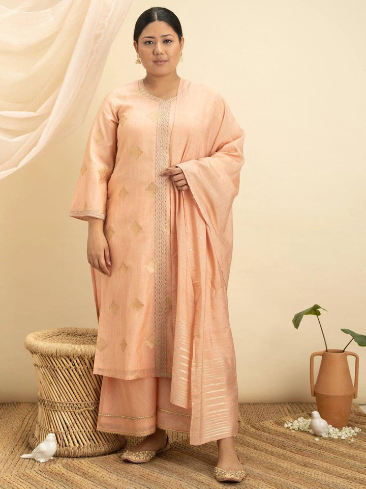 Plus Size Peach Self Design Silk Suit Set - ShopLibas