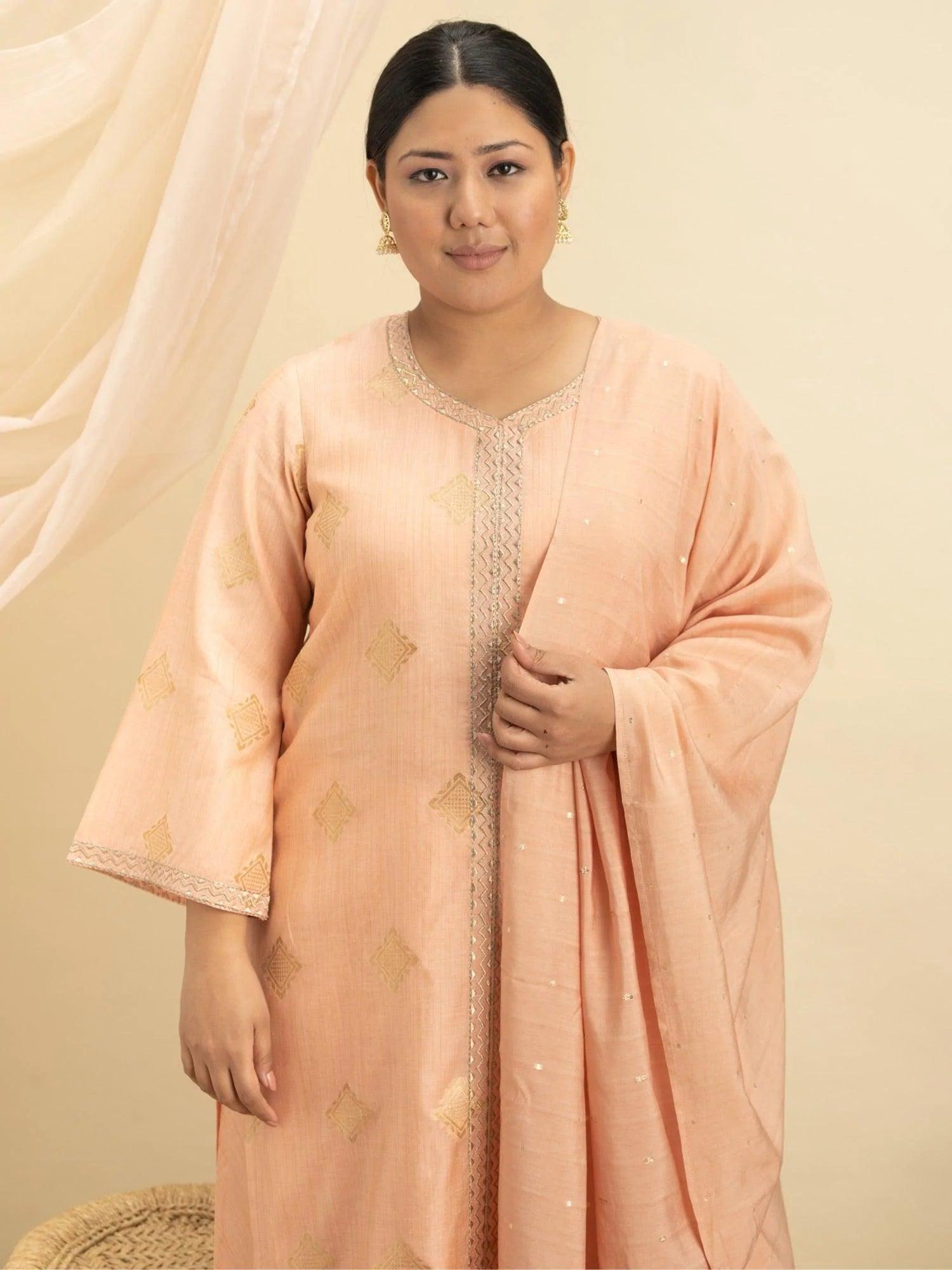 Plus Size Peach Self Design Silk Suit Set