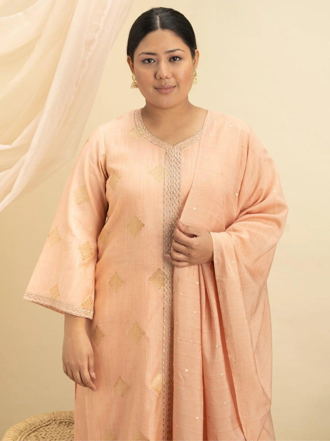 Plus Size Peach Self Design Silk Suit Set - ShopLibas