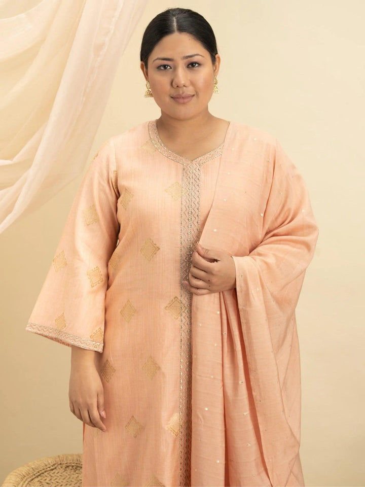 Plus Size Peach Self Design Silk Suit Set - ShopLibas