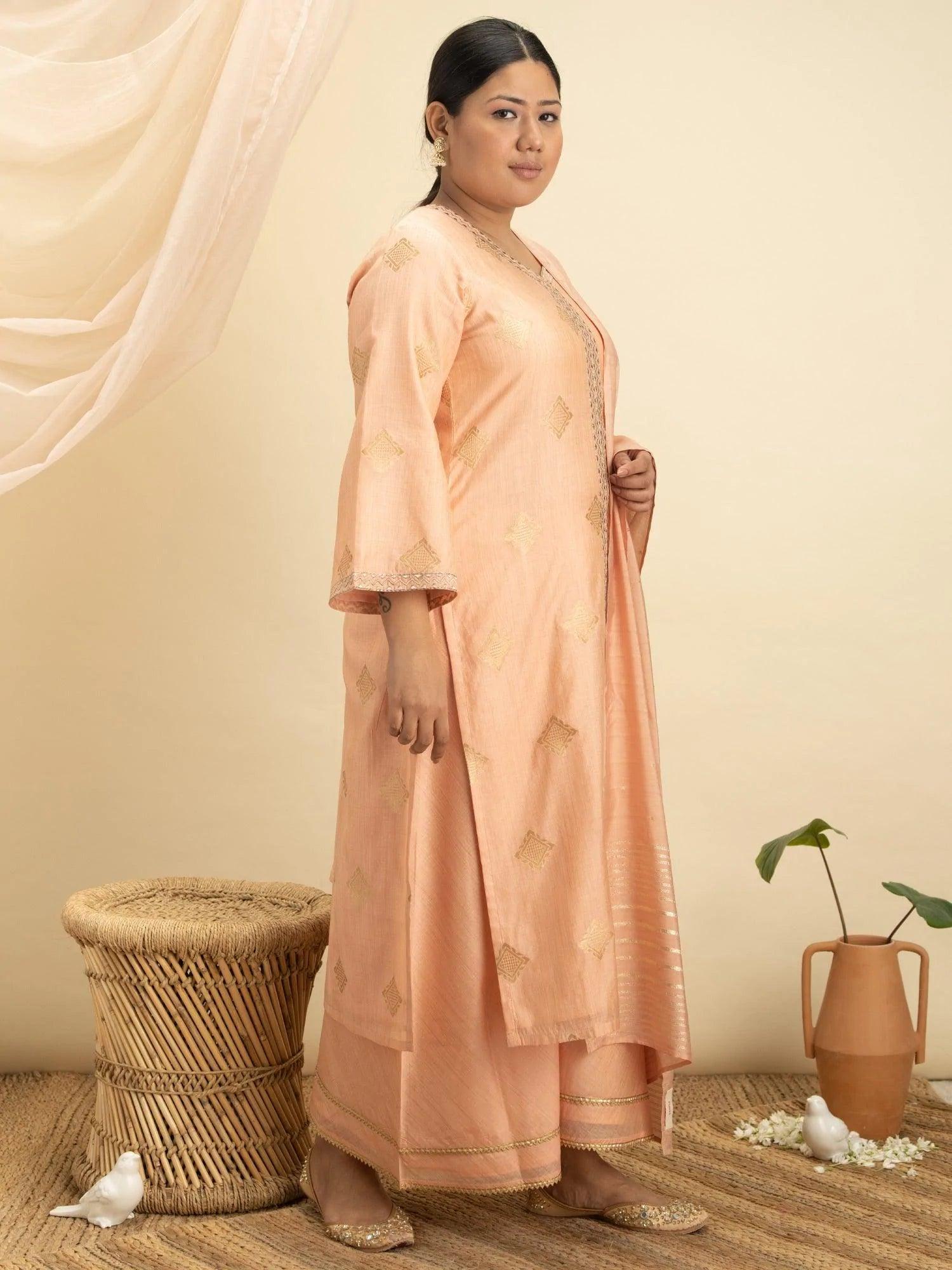 Plus Size Peach Self Design Silk Suit Set