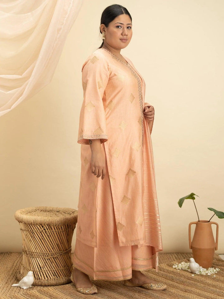 Plus Size Peach Self Design Silk Suit Set - ShopLibas