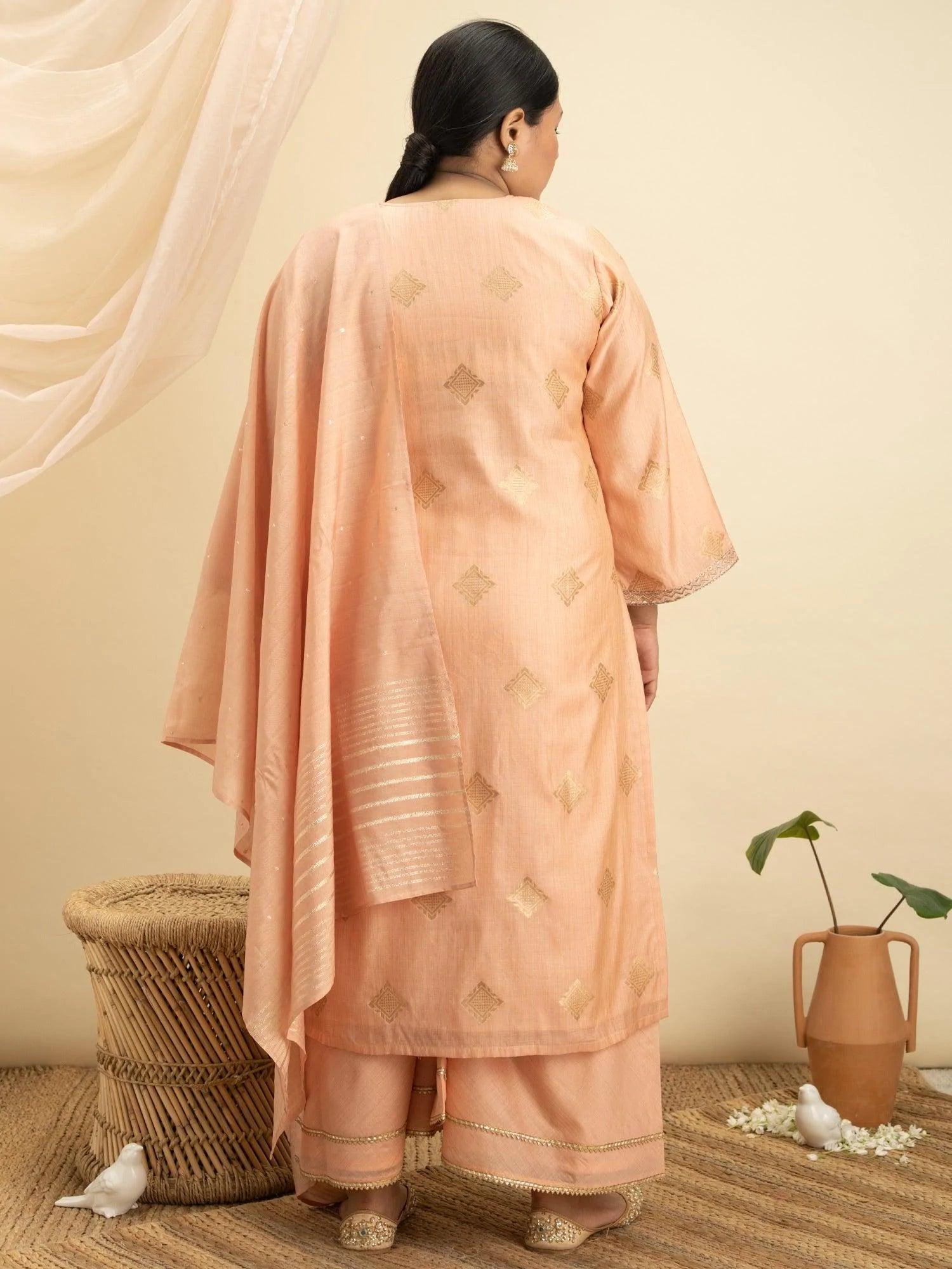 Plus Size Peach Self Design Silk Suit Set