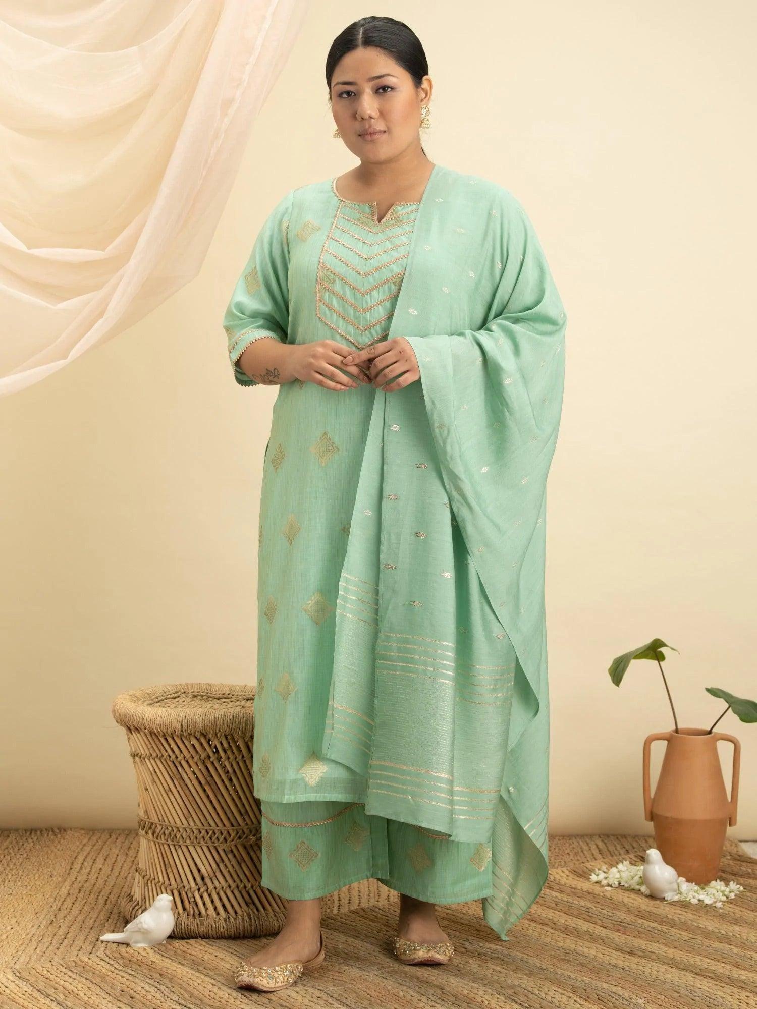 Plus Size Green Self-Design Silk Suit Set