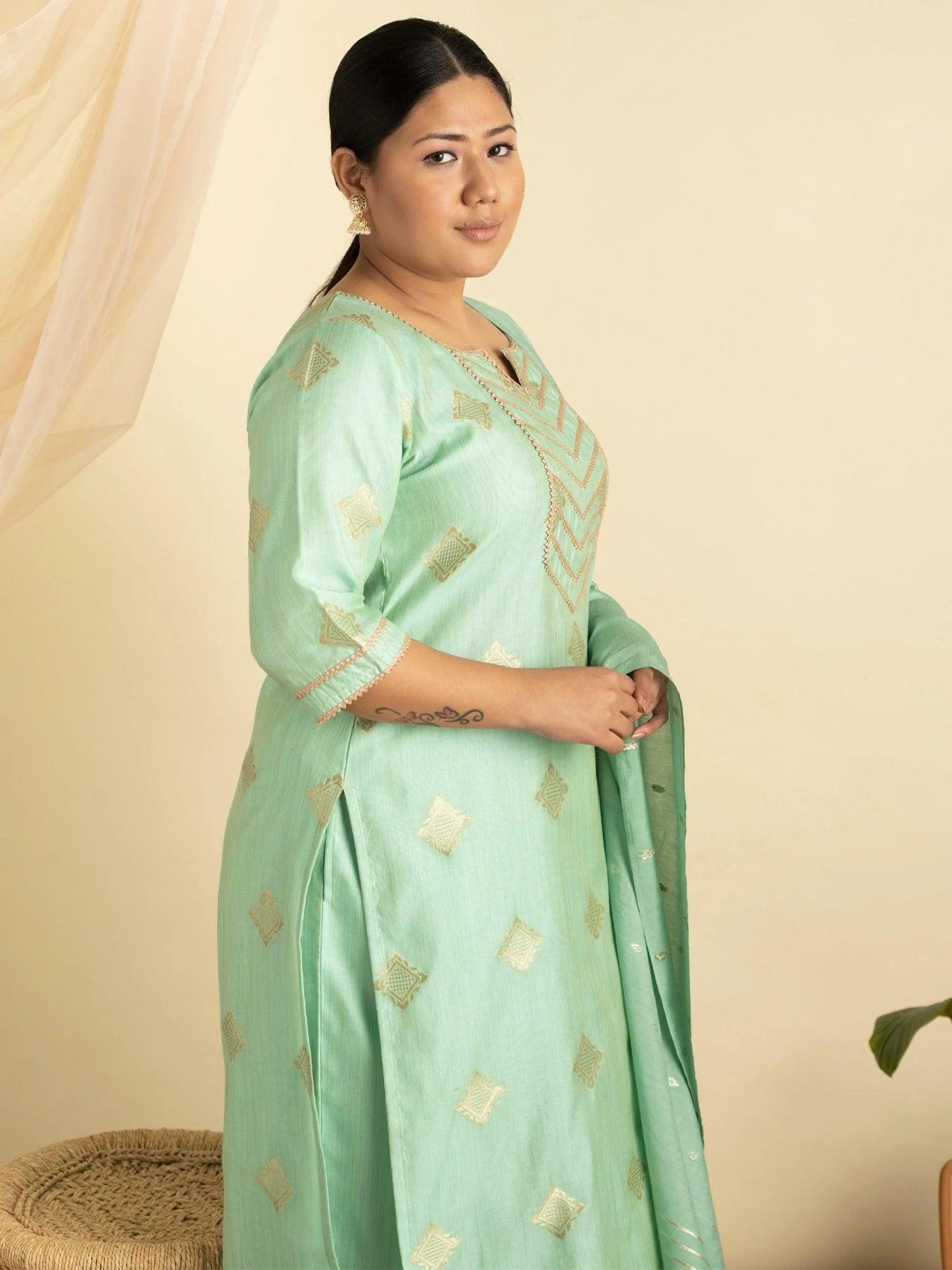 Plus Size Green Self-Design Silk Suit Set