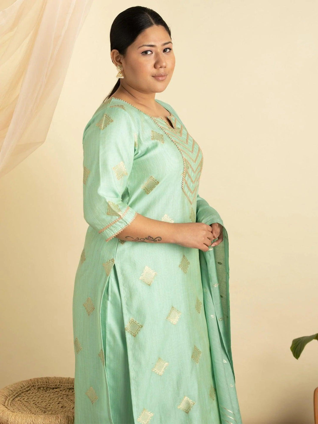 Plus Size Green Self-Design Silk Suit Set - ShopLibas