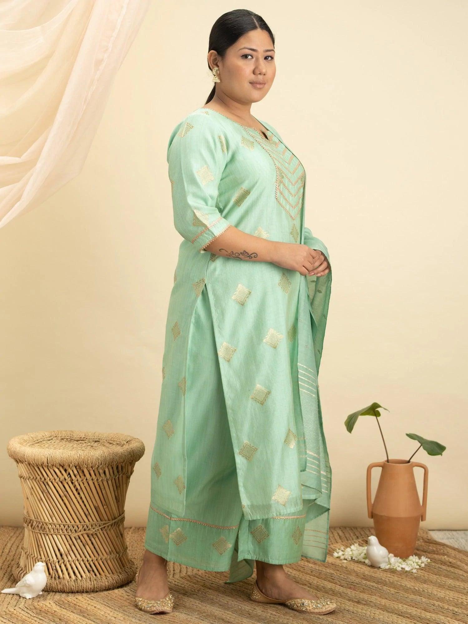 Plus Size Green Self-Design Silk Suit Set