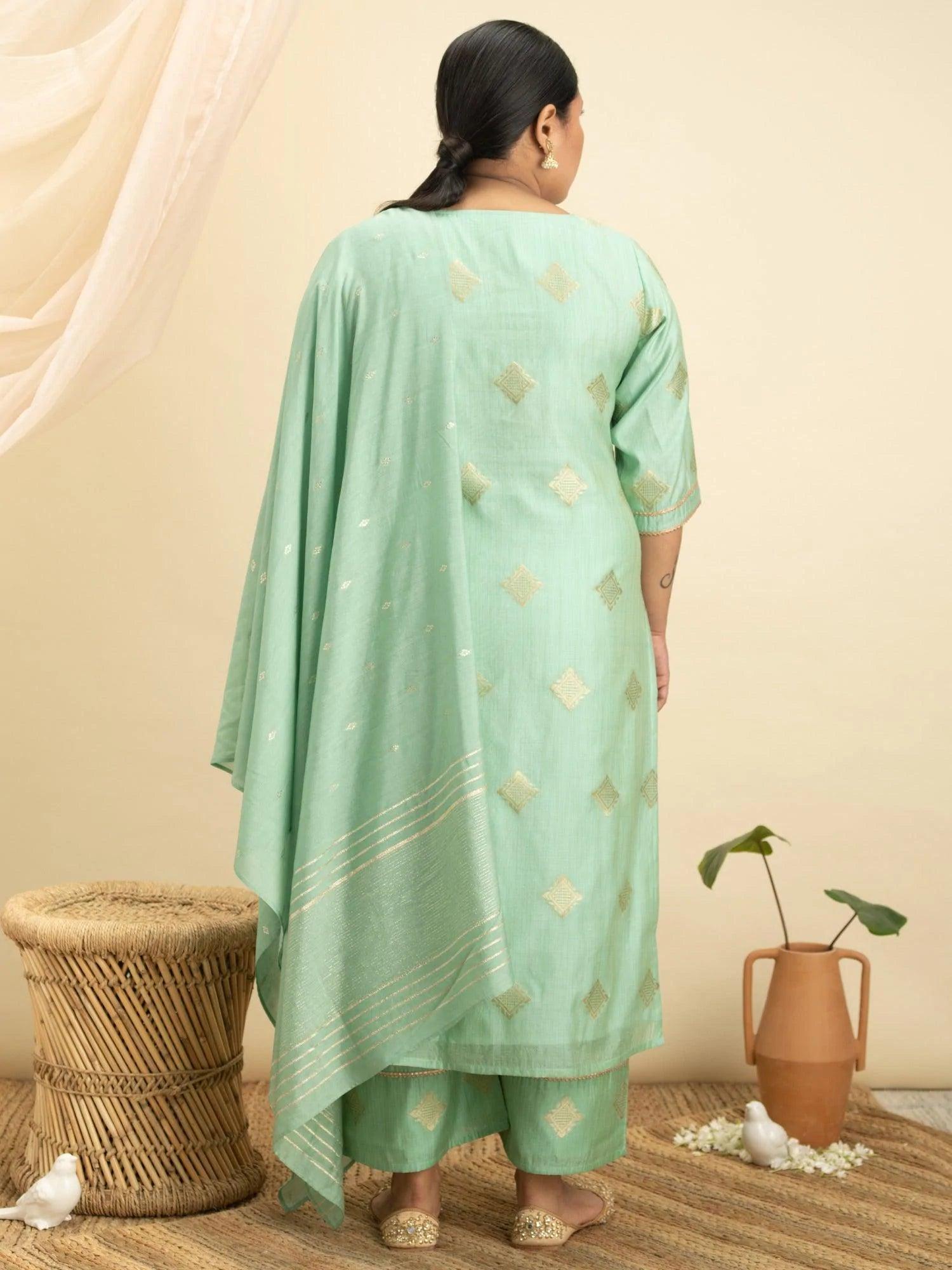 Plus Size Green Self-Design Silk Suit Set