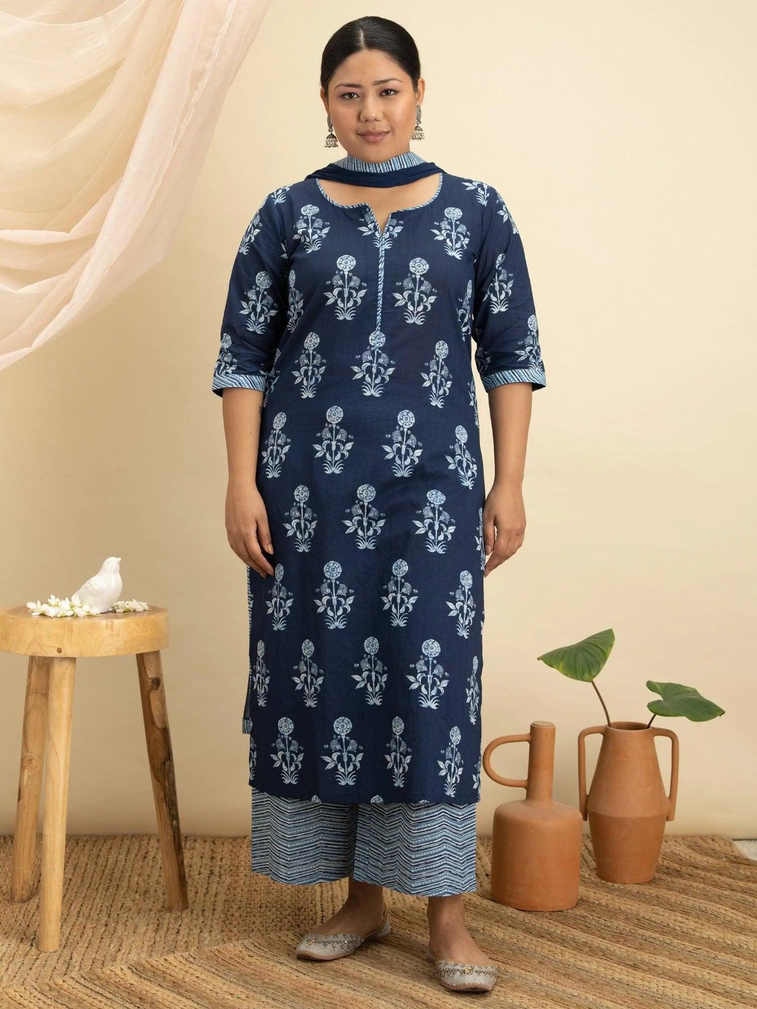 Plus Size Blue Printed Cotton Suit Set