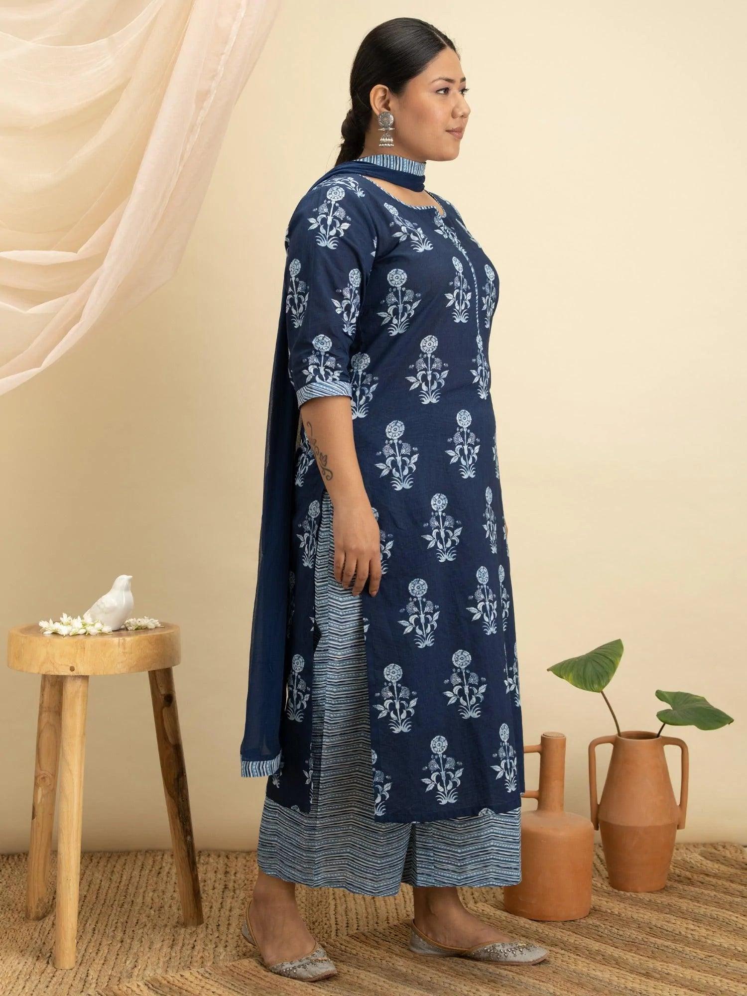 Plus Size Blue Printed Cotton Suit Set