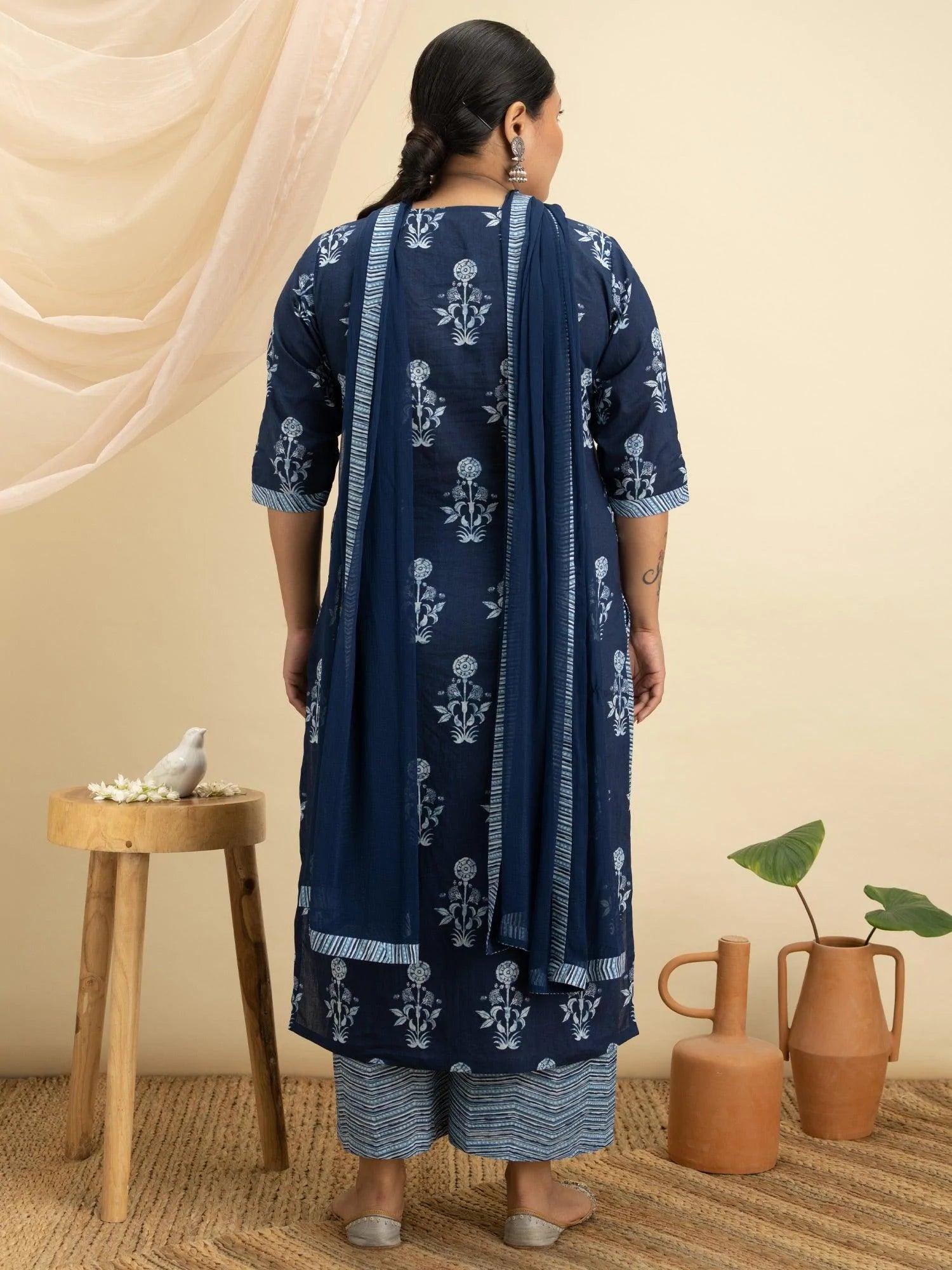 Plus Size Blue Printed Cotton Suit Set