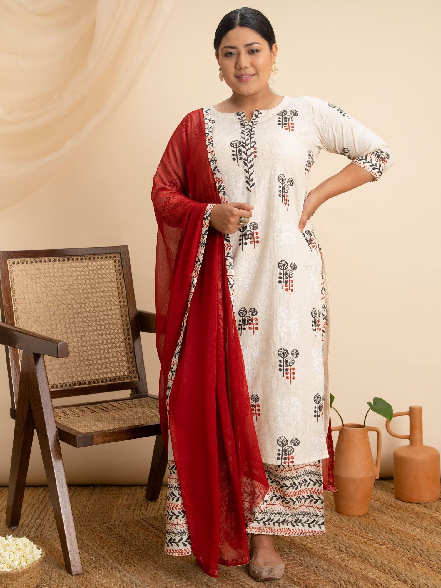 Plus Size Off White Printed Cotton Suit Set