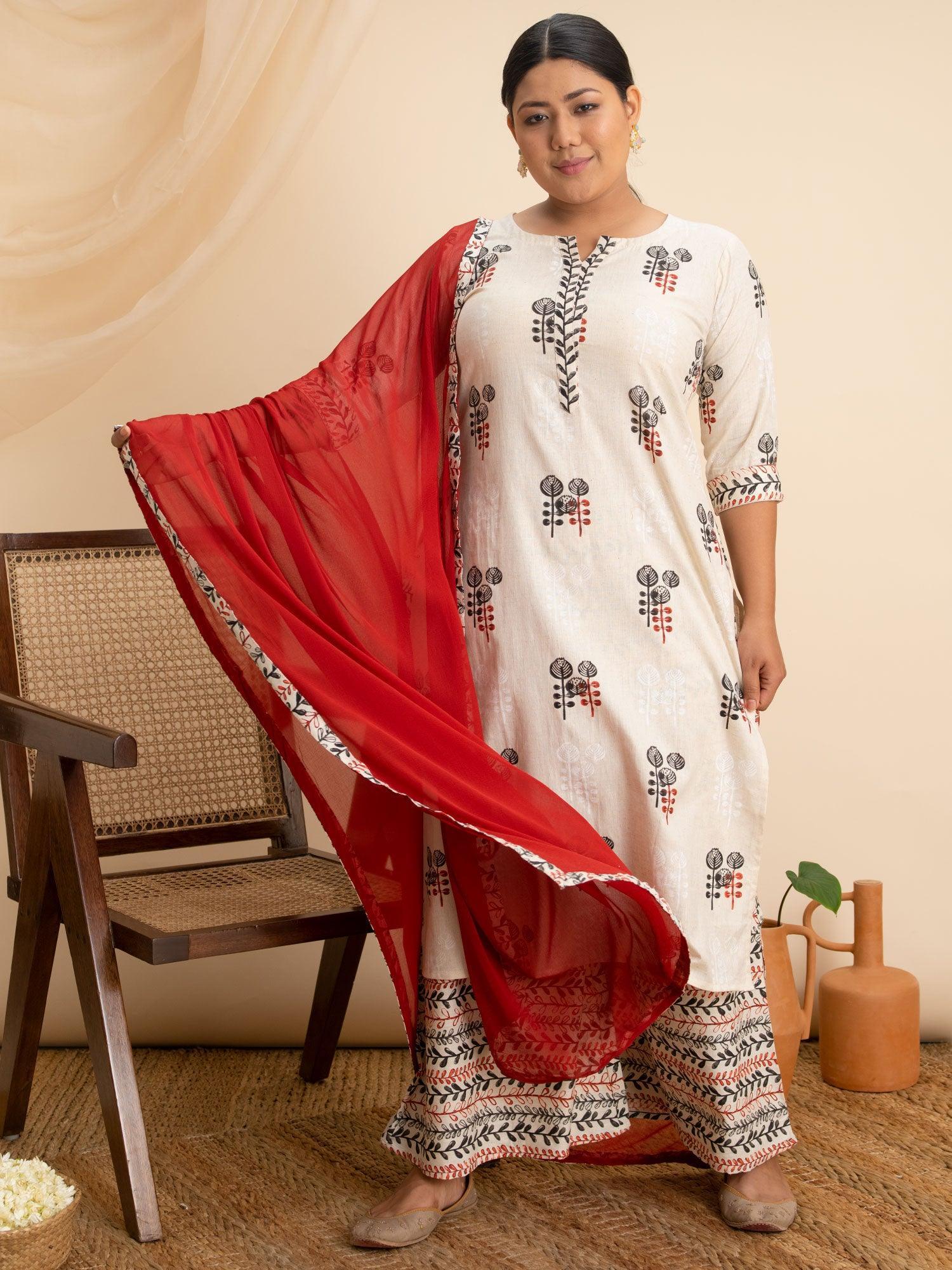 Plus Size Off White Printed Cotton Suit Set