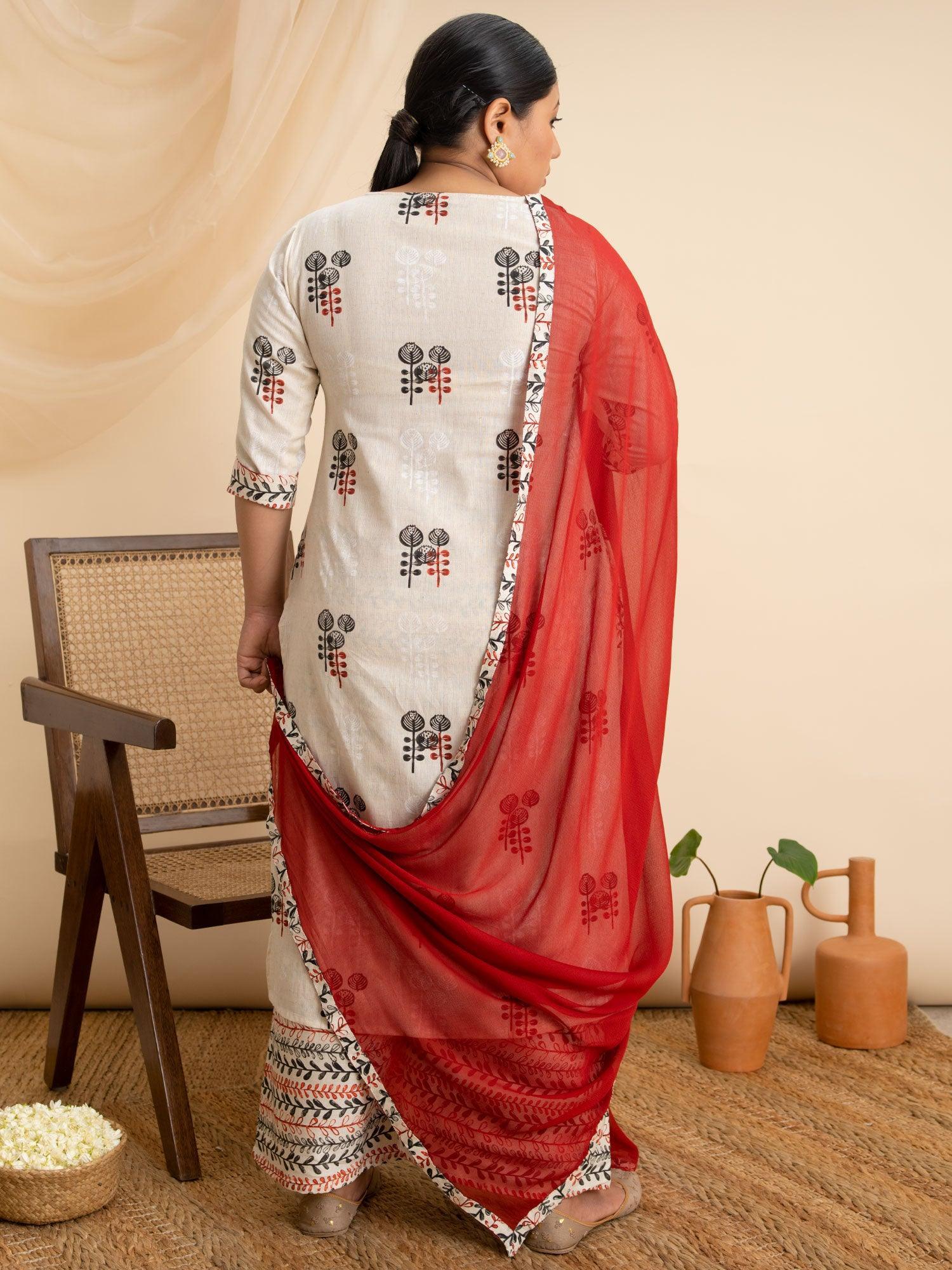 Plus Size Off White Printed Cotton Suit Set