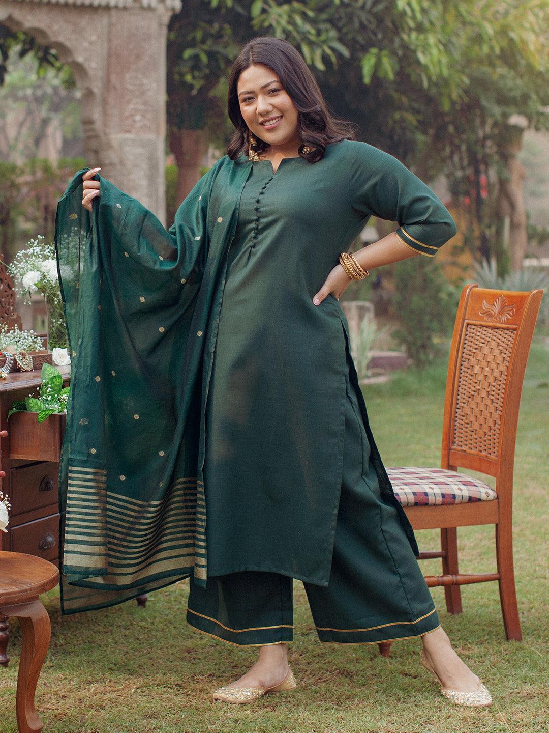 Plus Size Green Solid Cotton Suit Set