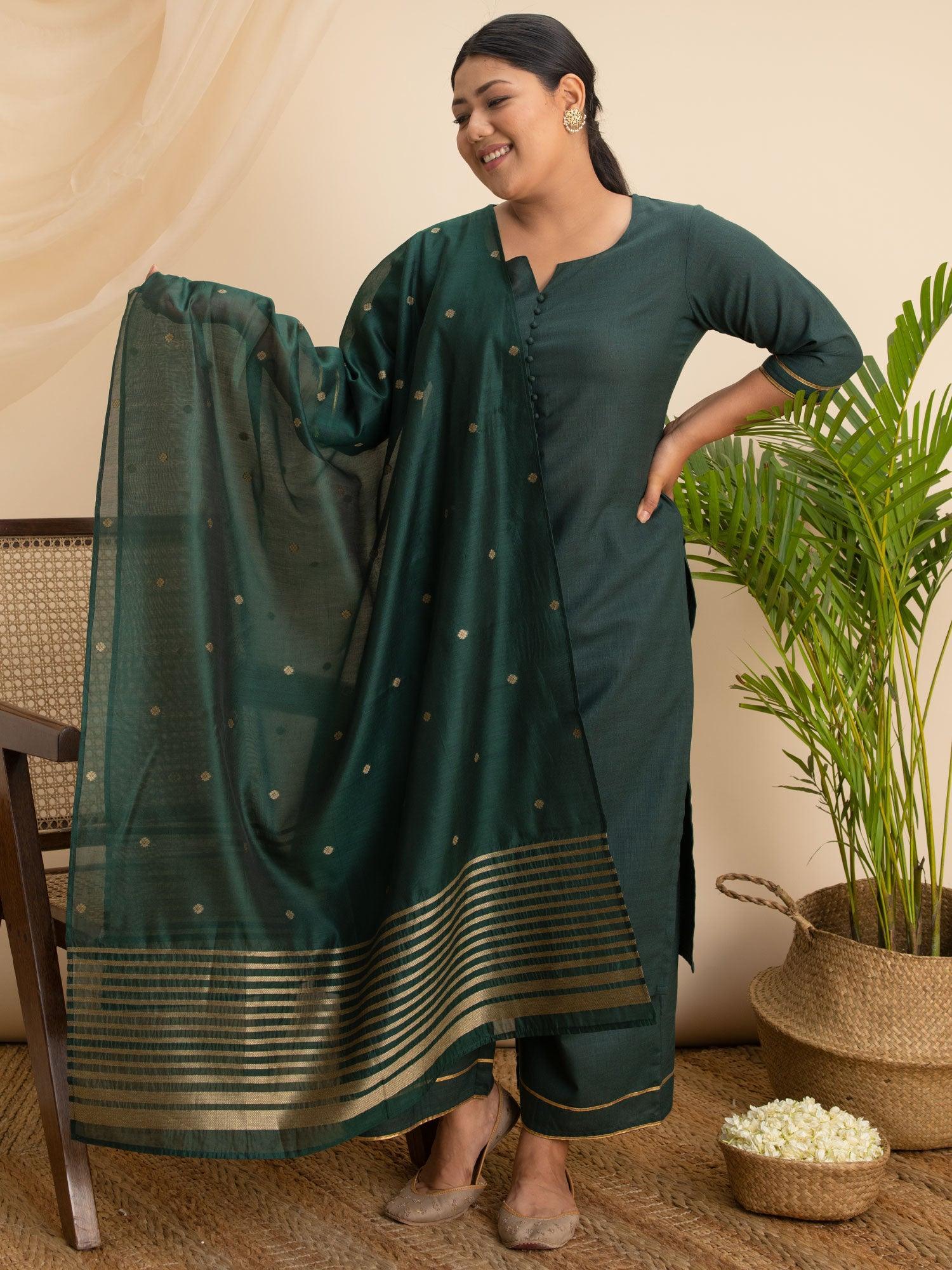 Plus Size Green Solid Cotton Suit Set