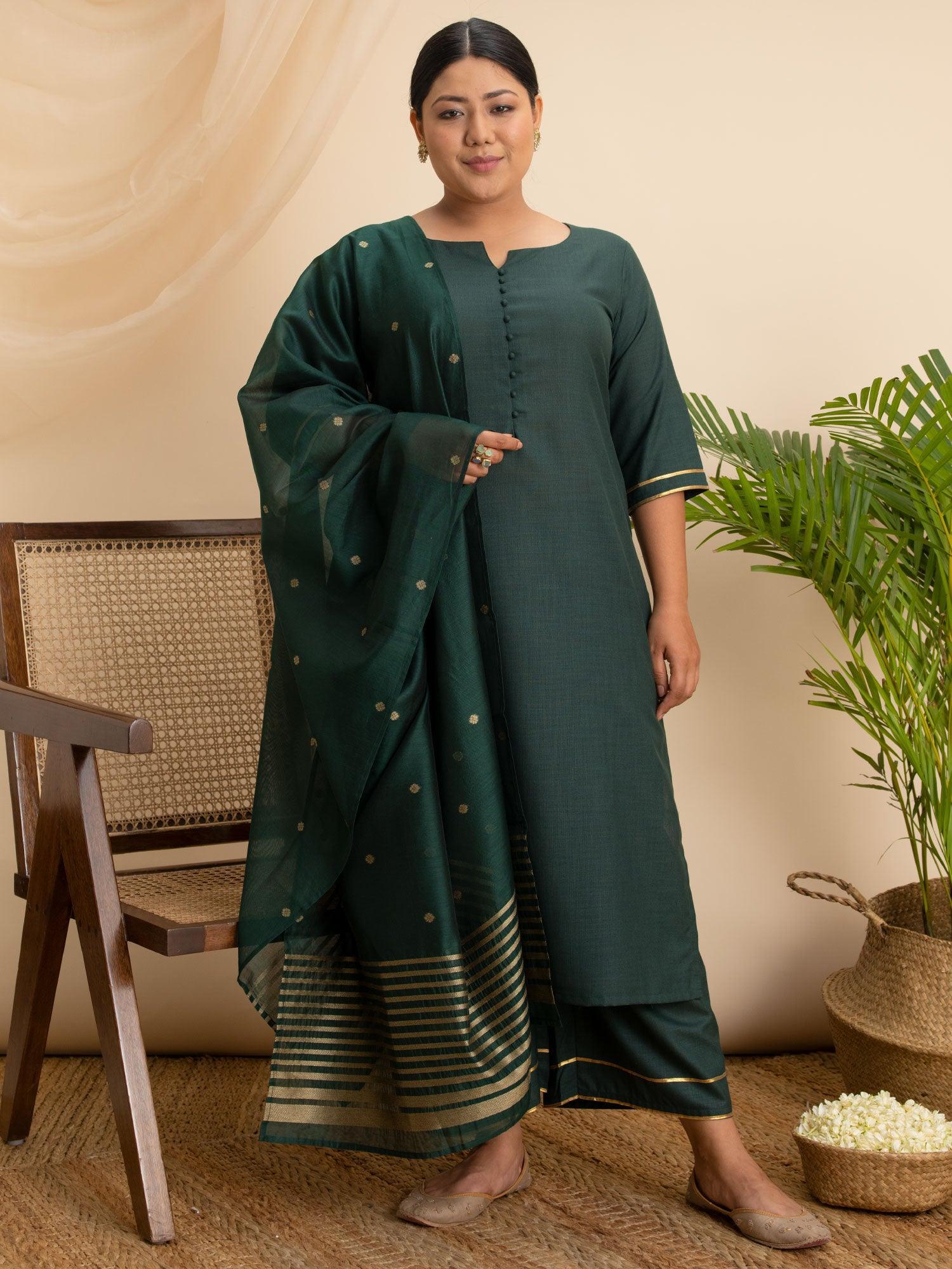 Plus Size Green Solid Cotton Suit Set