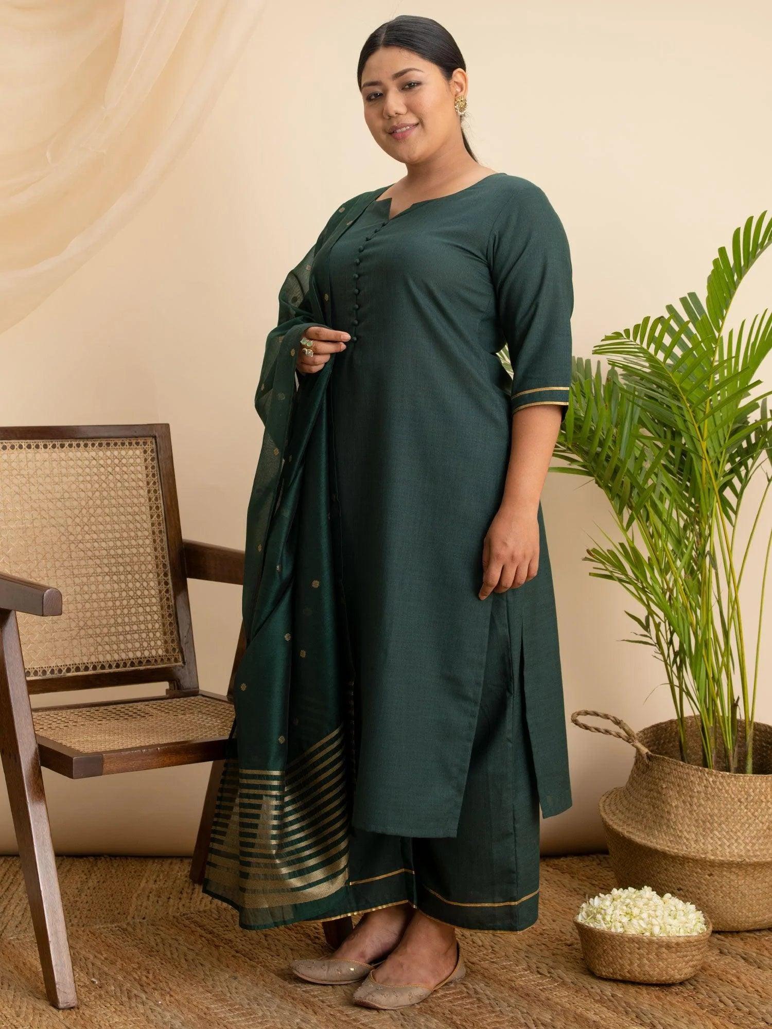 Plus Size Green Solid Cotton Suit Set