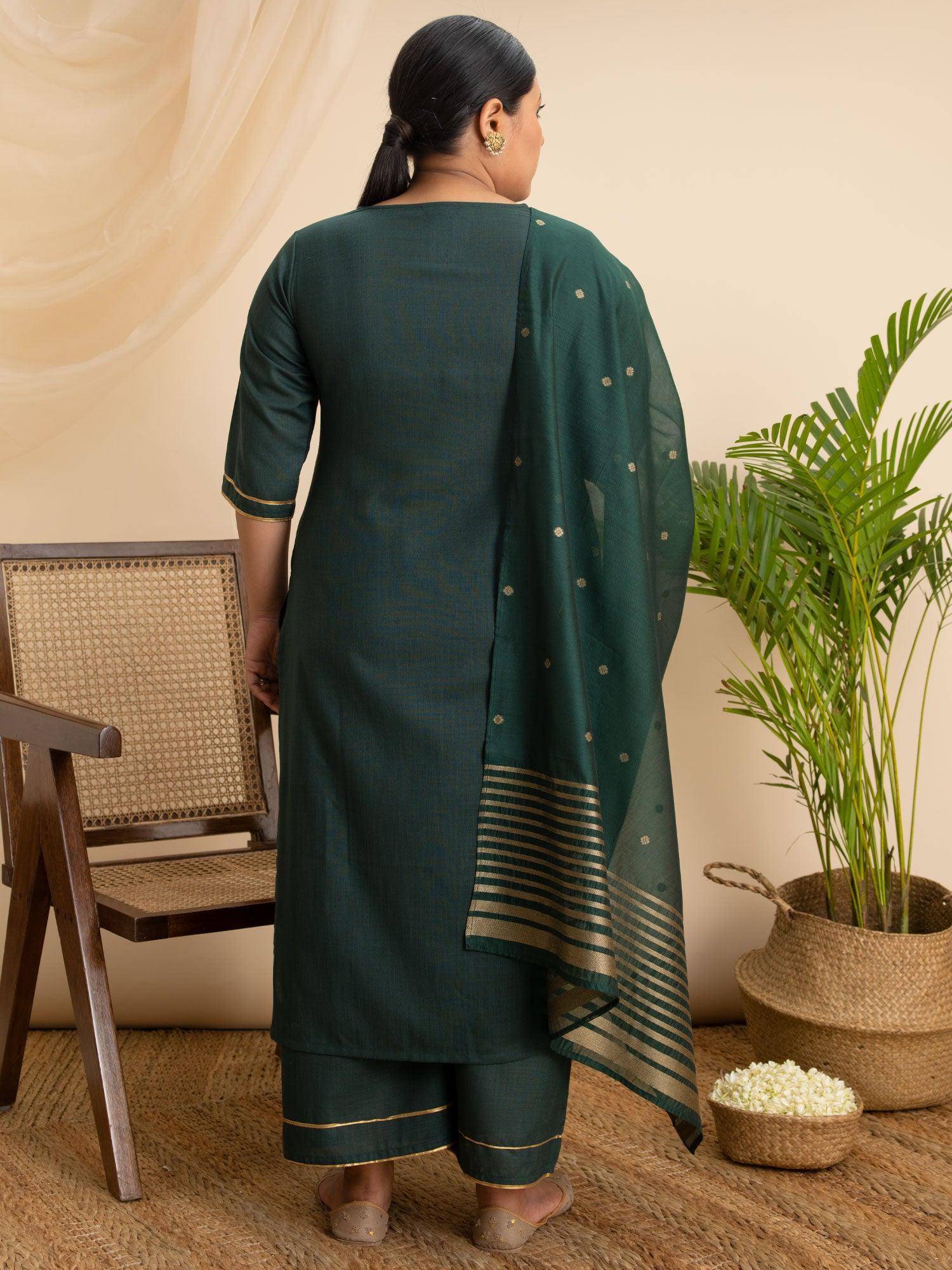 Plus Size Green Solid Cotton Suit Set