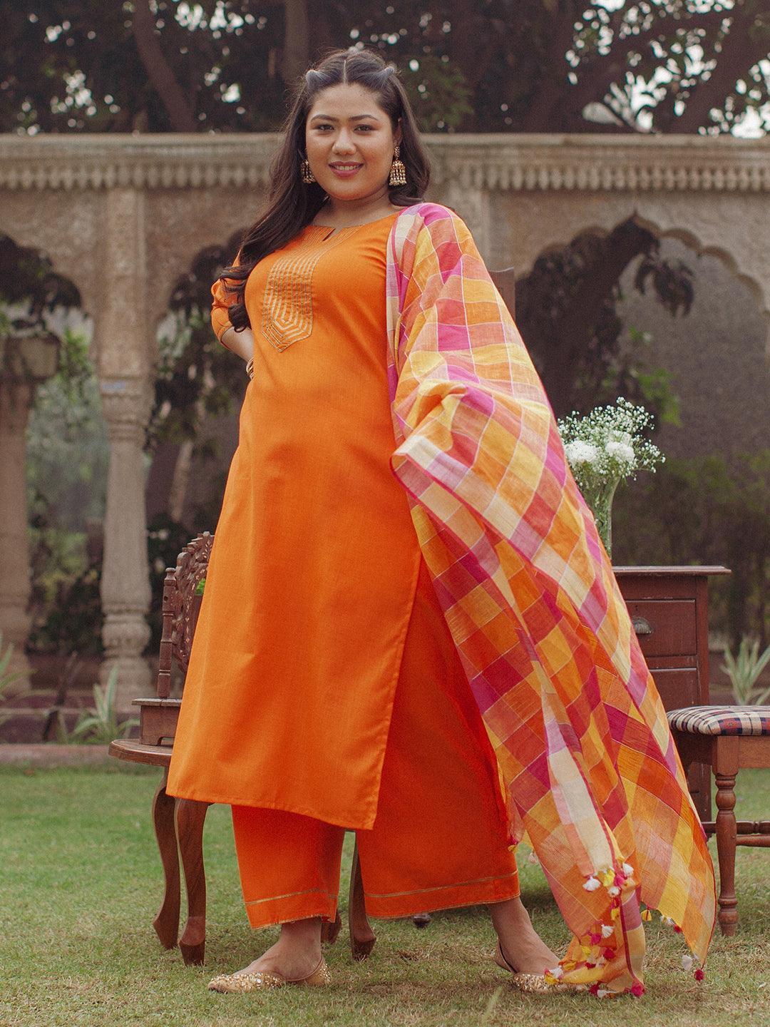 Plus Size Orange Solid Cotton Suit Set